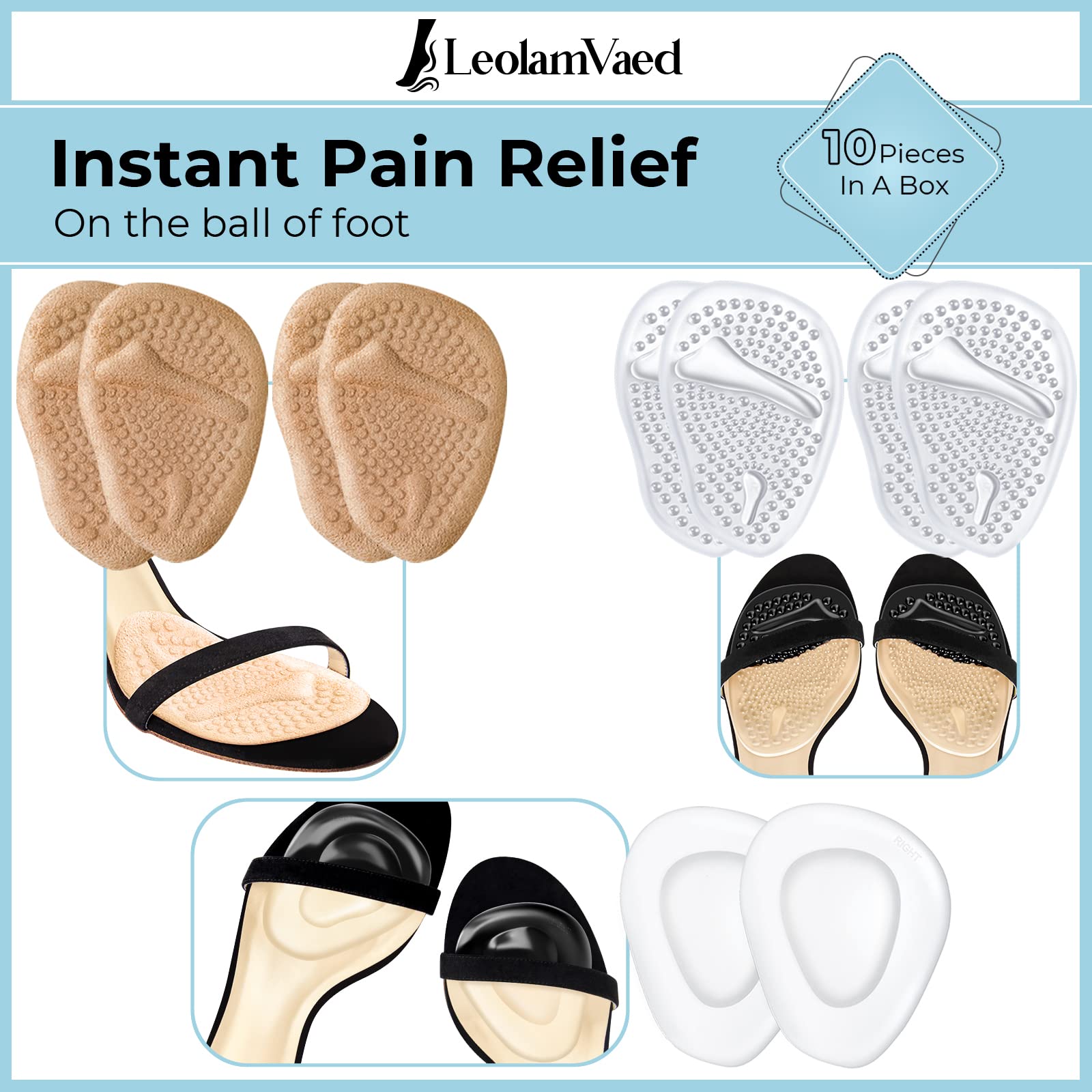Reusable Metatarsal Pads for Women - Ball of Foot Cushions for All-Day Pain Relief & Comfort - Washable Heel Pads - One Size Fits All High Heel Inserts (10-Piece Set) - Perfect for High Heels, Work Shoes & Long Hours Standing