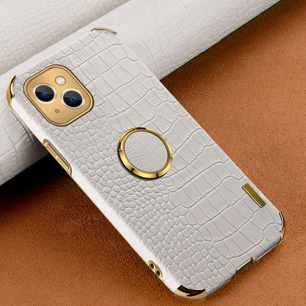Guppy iPhone 13 Case with Ring Holder - 360° Rotating Stand, Slim Soft Bumper Protective Cover (6.1 inch) | Crocodile & Snake Skin Pattern Textured Design for Women & Men | Perfect for Work, Travel, and Daily Use - White