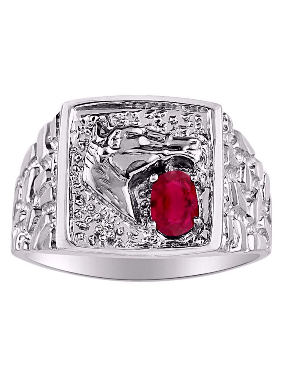 RYLOS Men's Sterling Silver Rings - Lucky Nugget Horse Head Design with 6X4MM Oval Gemstone & Genuine Diamond - Ruby July Birthstone Ring for Men (Sizes 8-13) | Perfect for Weddings, Anniversaries, and Special Occasions
