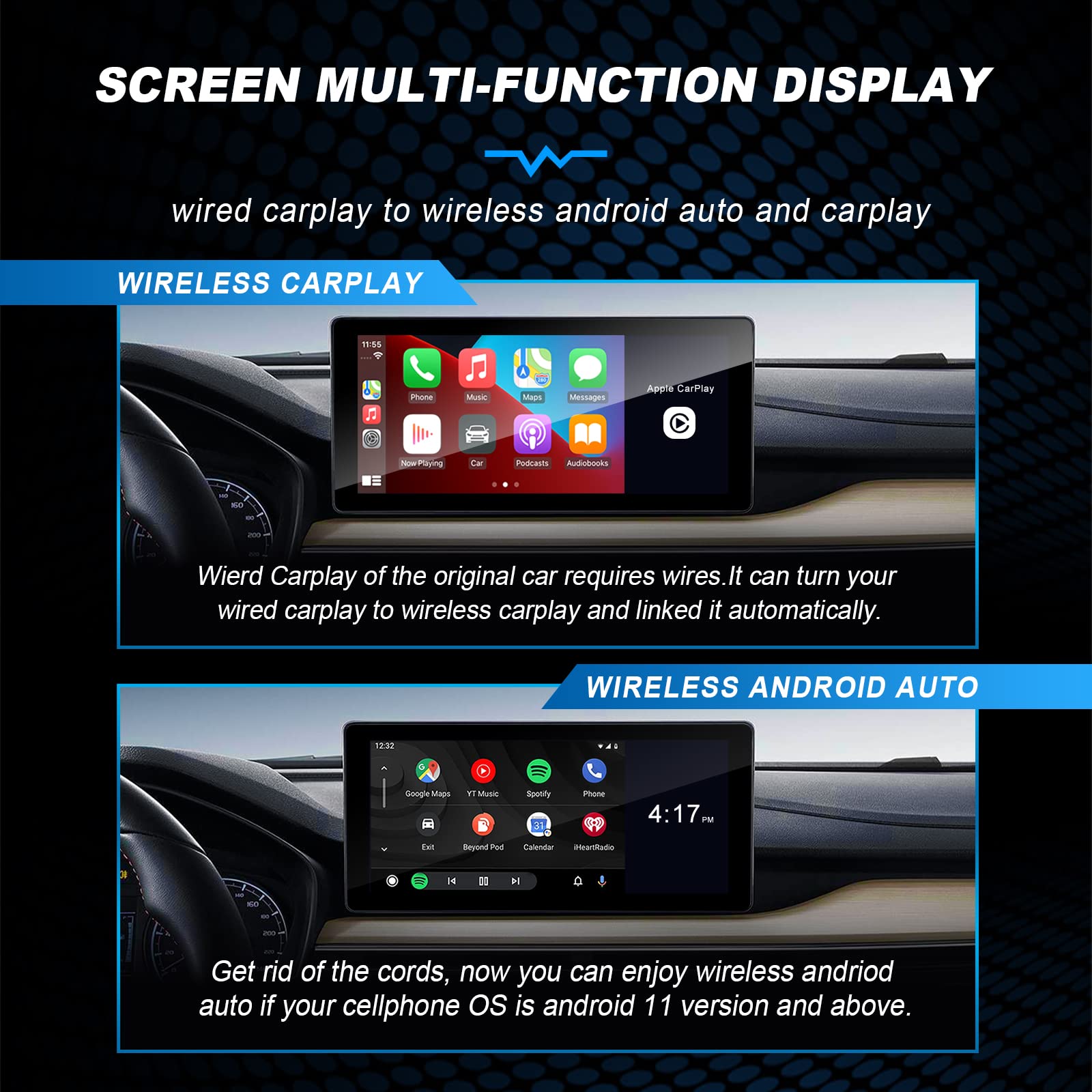 EZoneTronics Wireless CarPlay Adapter for Factory Wired Cars - Convert to Wireless CarPlay & Android Auto, Quad Core 2+32GB Android 11 Multimedia Player | Seamless Connectivity for BMW, Mercedes, Audi & More | Perfect for Commuting, Road Trips & Hands-Free Driving