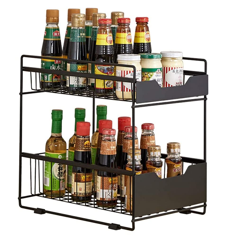 2-Tier Sliding Basket Organizer - Pull Out Spice Rack & Kitchen Utensil Storage Drawer for Pantry, Cabinet, Larder | Space-Saving Home Organization Solution for Small Kitchens