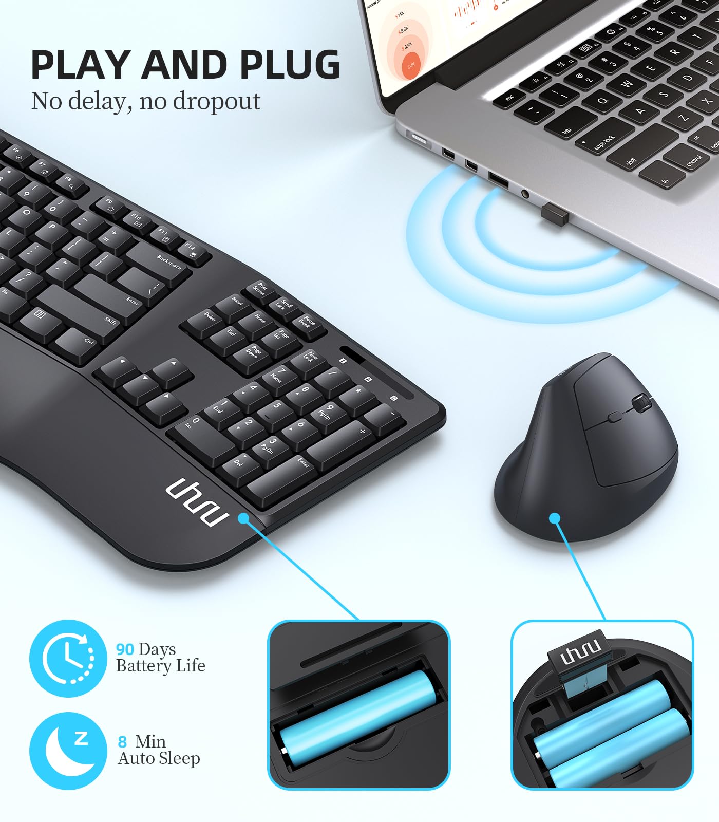 UHURU UEKM-20 Wireless Ergonomic Keyboard and Mouse Combo - Split Design with Palm Rest for Natural Typing, Compatible with Windows & Mac - Perfect for Office Work, Gaming, and Long Typing Sessions
