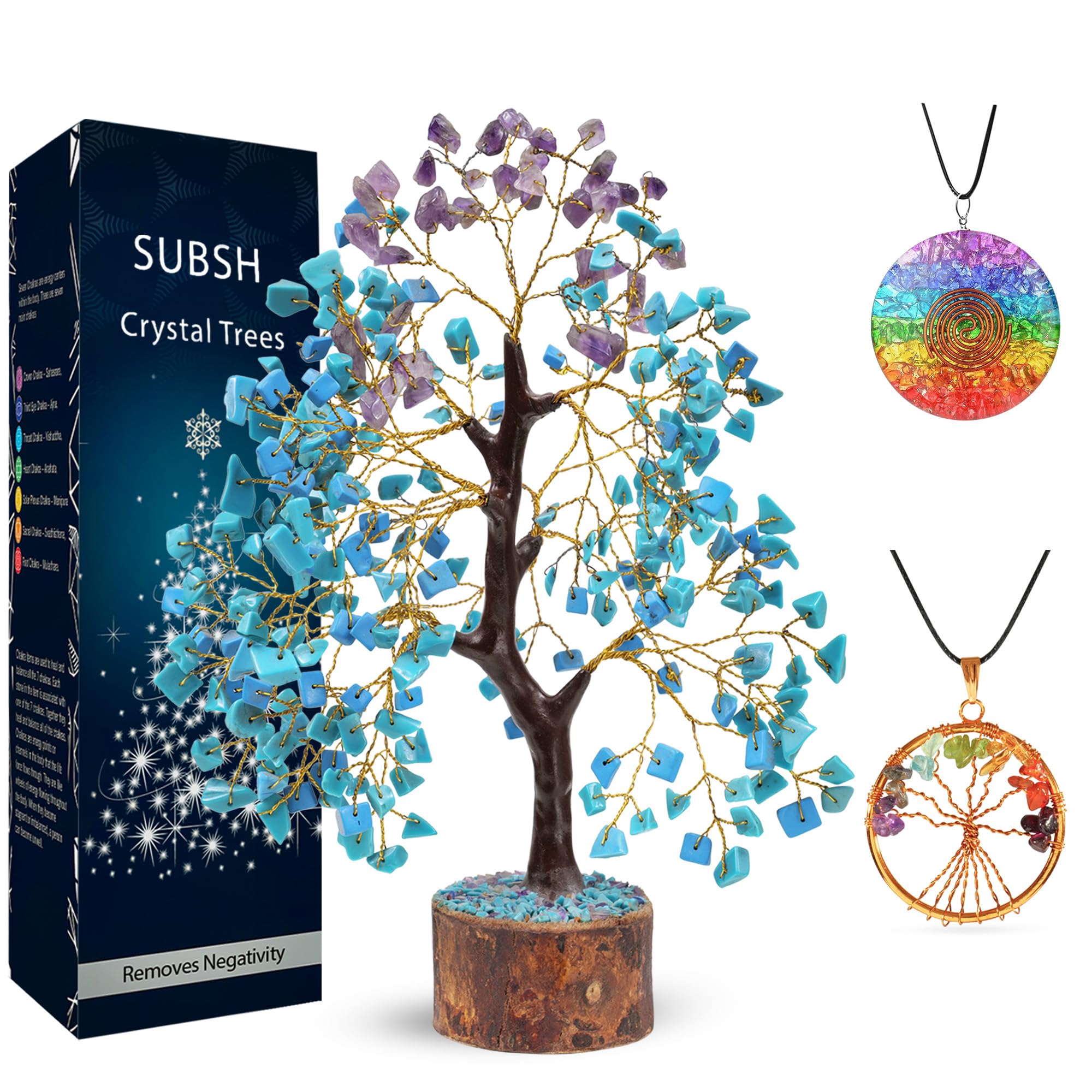 Turquoise & Amethyst Healing Crystal Tree with 2 Chakra Pendants - 10-12
