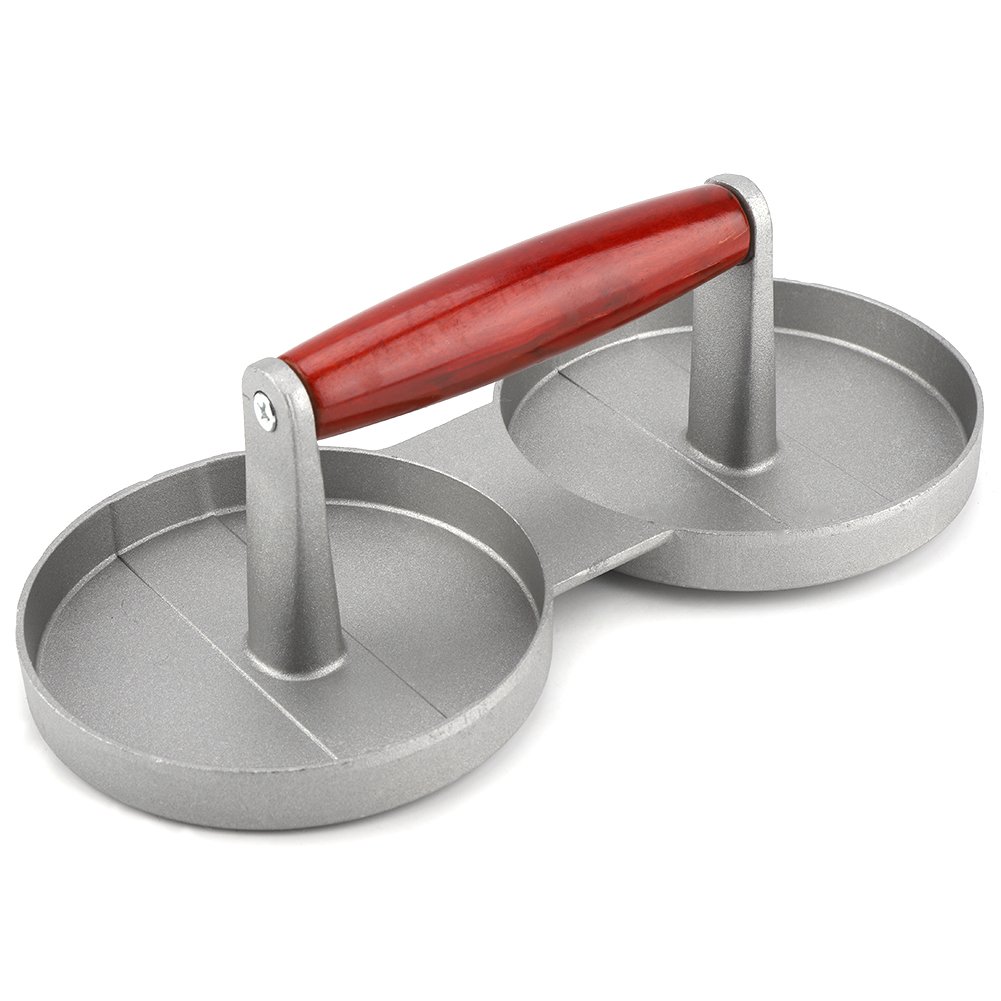 Premium Wooden Handle Double Burger Press - Heavy Duty Hamburger Mold for Beef, Chicken, Pork & Turkey - Perfect for BBQ, Grilling & Home Cooking