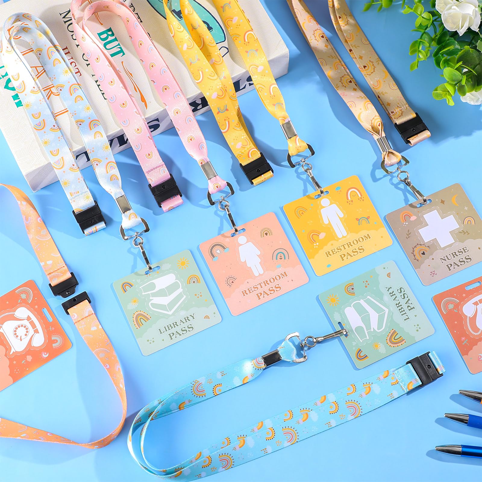 Boho Hall Pass Lanyards Set - 6 Unbreakable PVC Passes & Lanyards for Teachers, Students, Nurses - Perfect for Classroom & Office Use