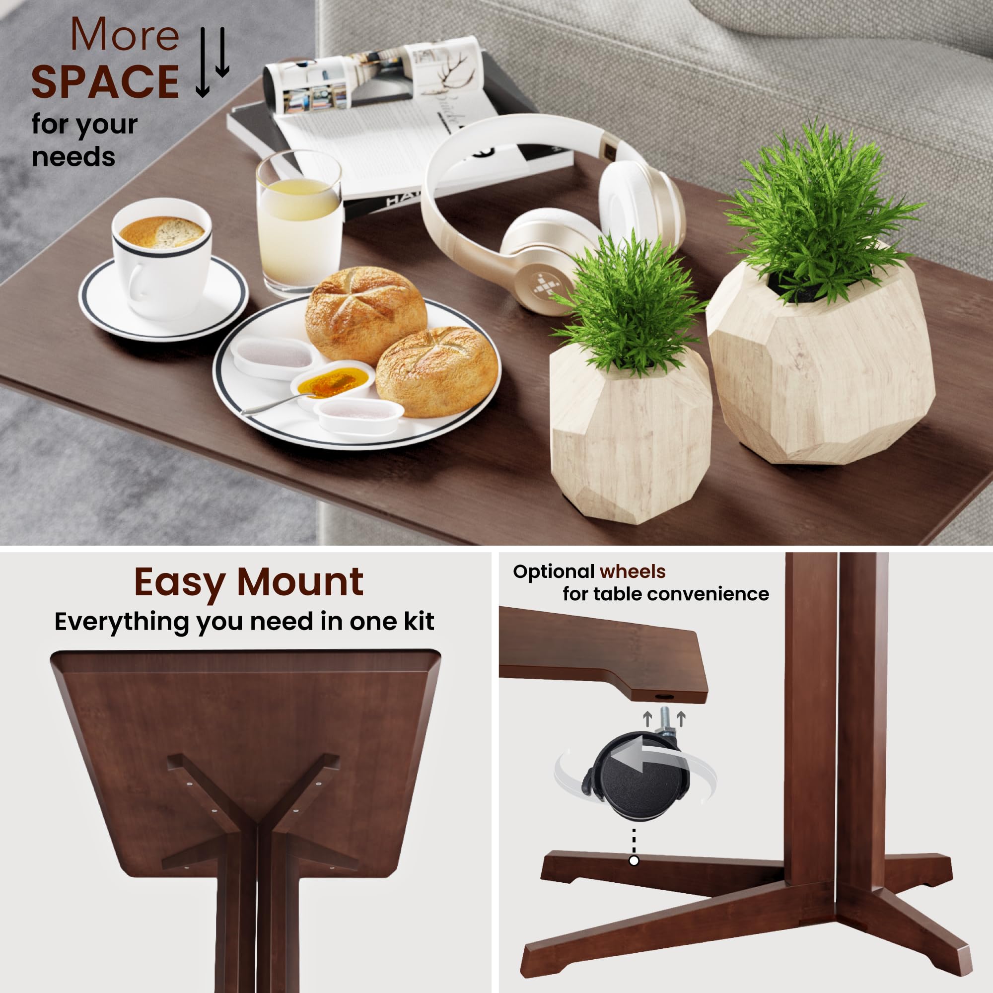 Premium Bamboo C-Shaped Side Table with Wheels - Small Coffee Table, End Table & Sofa Table - Sliding Under Couch for Living Room - Laptop Stand & Rolling TV Tray for Eating - Perfect for Small Spaces, Bedroom, Office & Dorm Use