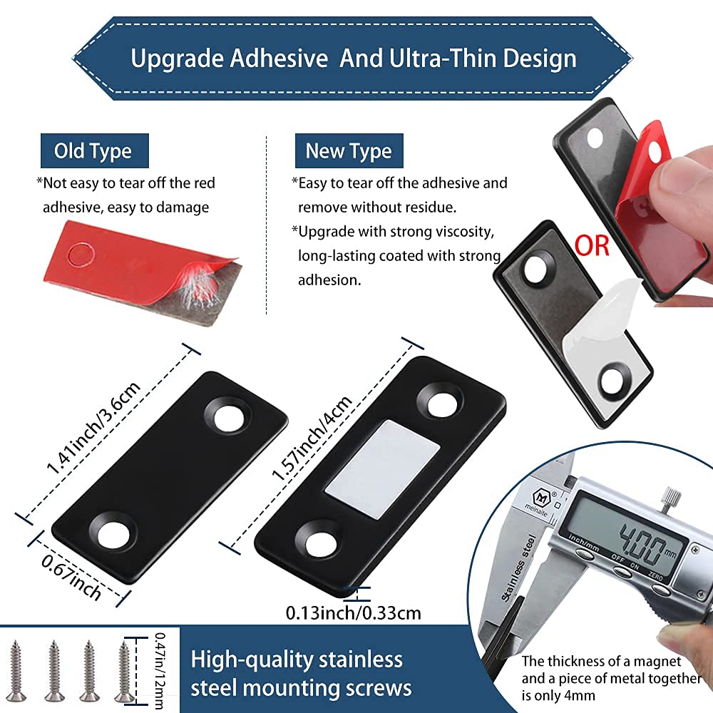 4 Pack L-Shaped Cabinet Magnetic Catches & 6 Pack Ultra Thin Magnet Cabinet Door Catches - Strong Adhesive Drawer Magnets for Kitchen, Closet, Bathroom & Furniture (Black) | Secure Cabinet Latches & Smooth Magnetic Door Closures for Home Organization