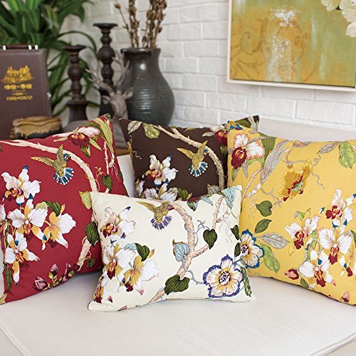 TAOSON Spring Yellow Floral Bird Tree Design Soft Cotton Decorative Throw Pillow Cover - 18x18 Inch (45x45cm) with Hidden Zipper | Home Decor for Living Room, Bedroom & Sofa