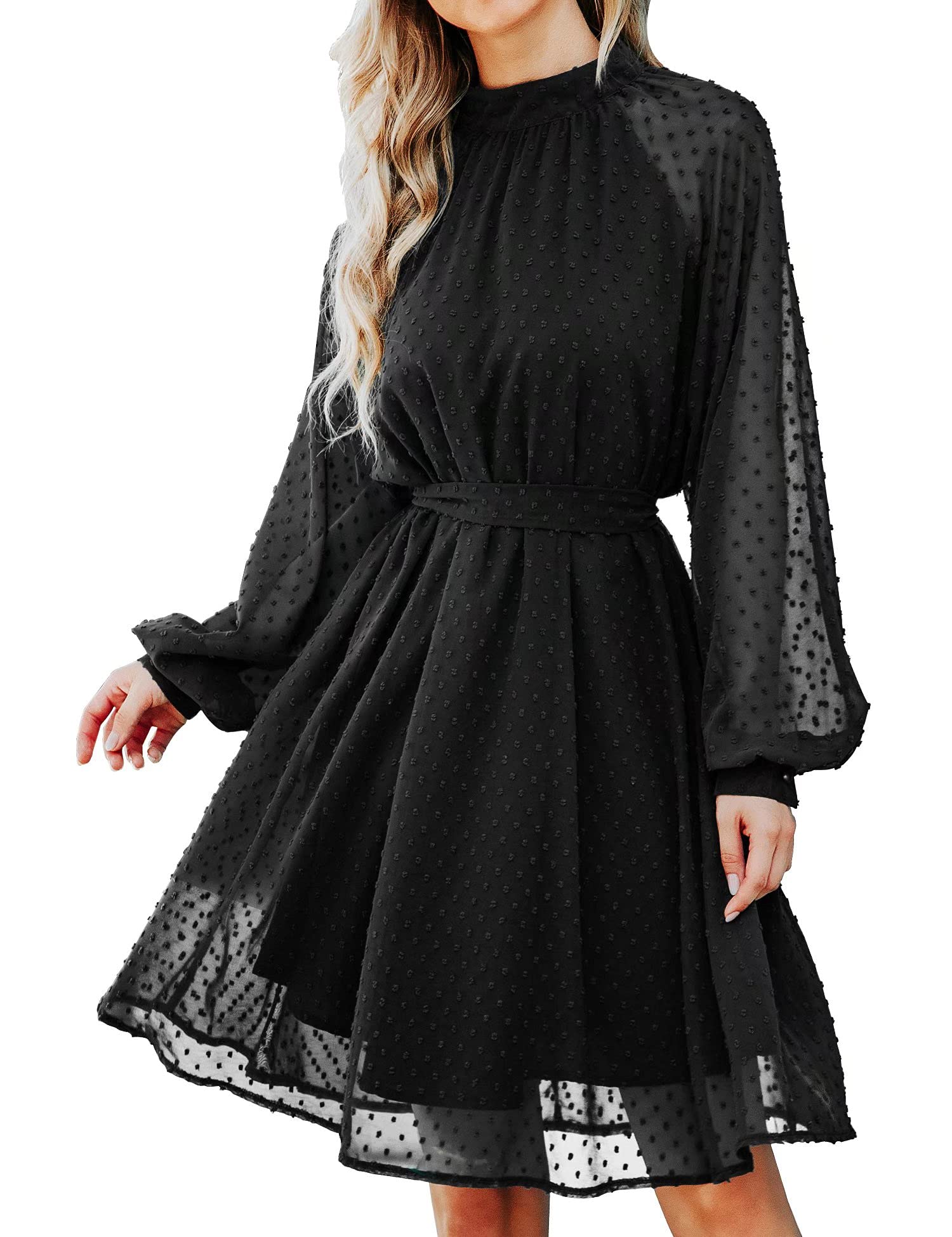 Elegant Long Sleeve Chiffon Swiss Dot Midi Dress with Belt - Wedding Guest Dress for Women, Casual Flowy Dress for Parties, Bridal Shower & Special Occasions