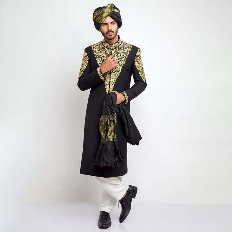 Elegant Jet Black Sherwani for Men | Slim Fit Traditional Indian Wedding Outfit | Perfect for Weddings, Festivals & Special Occasions