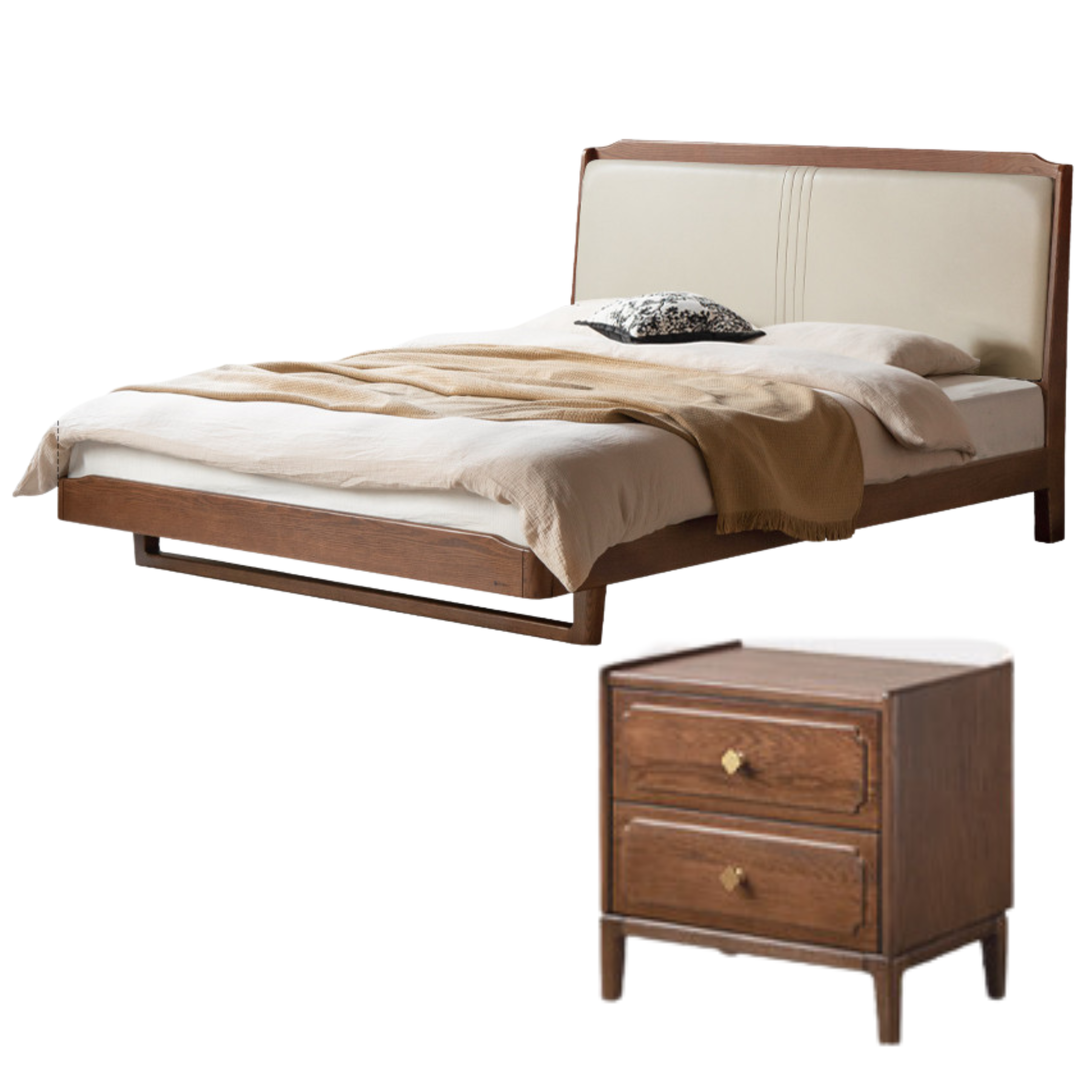 Solid Oak Wood Leather Upholstered Soft Bed - Queen Size Bed Frame with Tufted Headboard for Bedroom, Guest Room & Master Suite