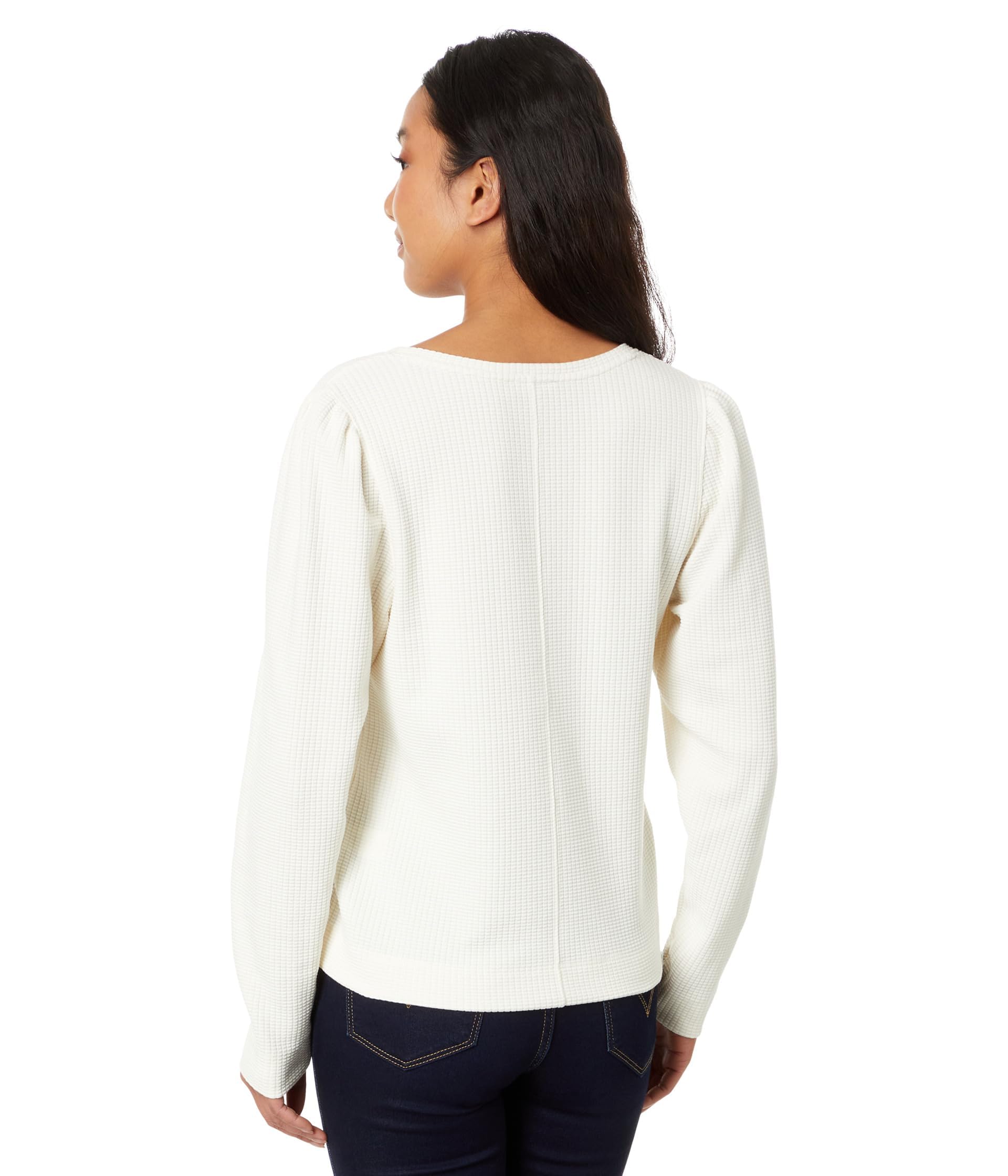 Lilla P Puff Sleeve Waffle V-Neck Top - Women's Casual Knit Blouse for Spring/Summer | Perfect for Office, Date Night & Weekend Outings