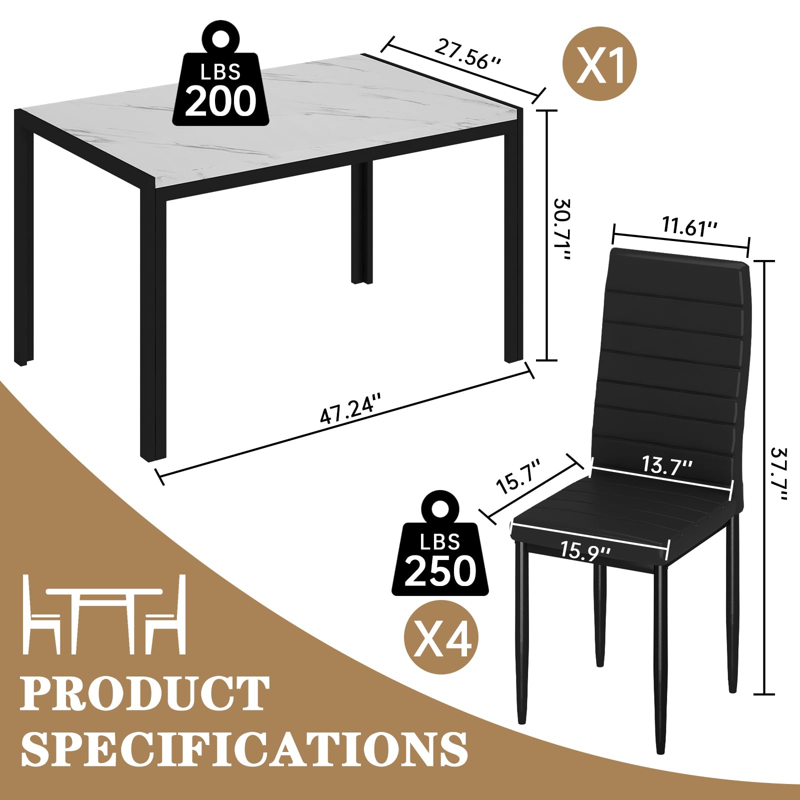 Recaceik 4-Piece Dining Table Set with Faux Marble Top & PU Leather Upholstered Chairs - Modern Kitchen Table and Chairs for Small Space, Perfect for Breakfast Nook, Apartment Dining, and Family Meals