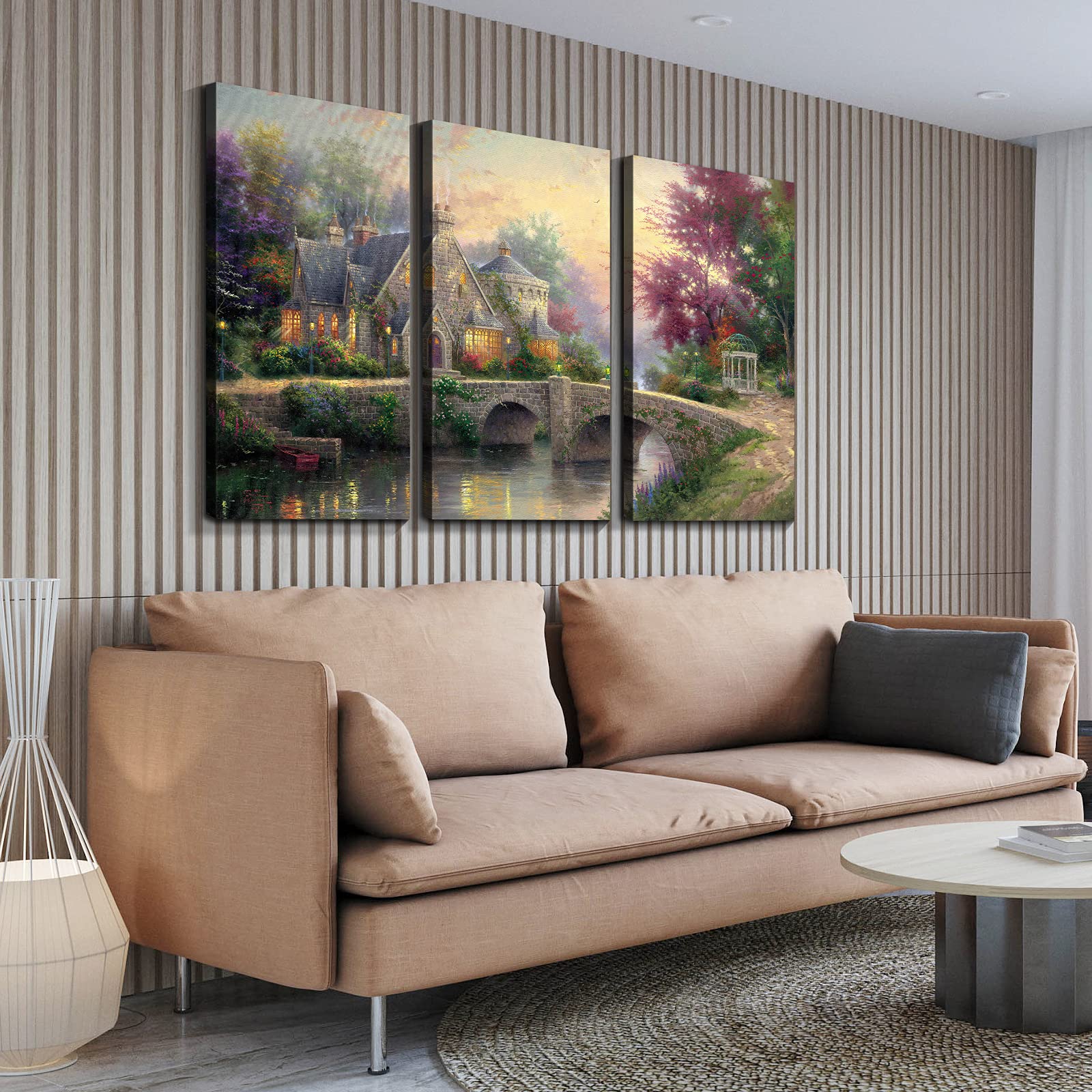 Denozer - 3 Panels Thomas Kinkade Garden Landscape Oil Painting Canvas Wall Art - Stretched & Framed Ready to Hang - 24