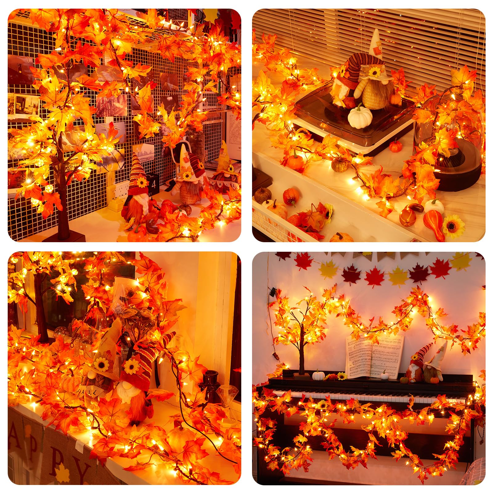 9FT Plug-in Thanksgiving Lights - 50 Bulbs Maple Leaves Fall Garland for Indoor & Outdoor Decor | Connectable Autumn Lighting for Halloween, Thanksgiving, Holiday Parties & Seasonal Home Decorations