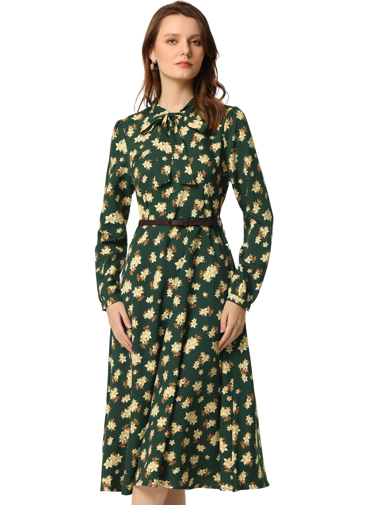 Allegra K Women's Floral Print Belted Bow Tie Neck Long Sleeve Midi Dress for Work, Party & Special Occasions