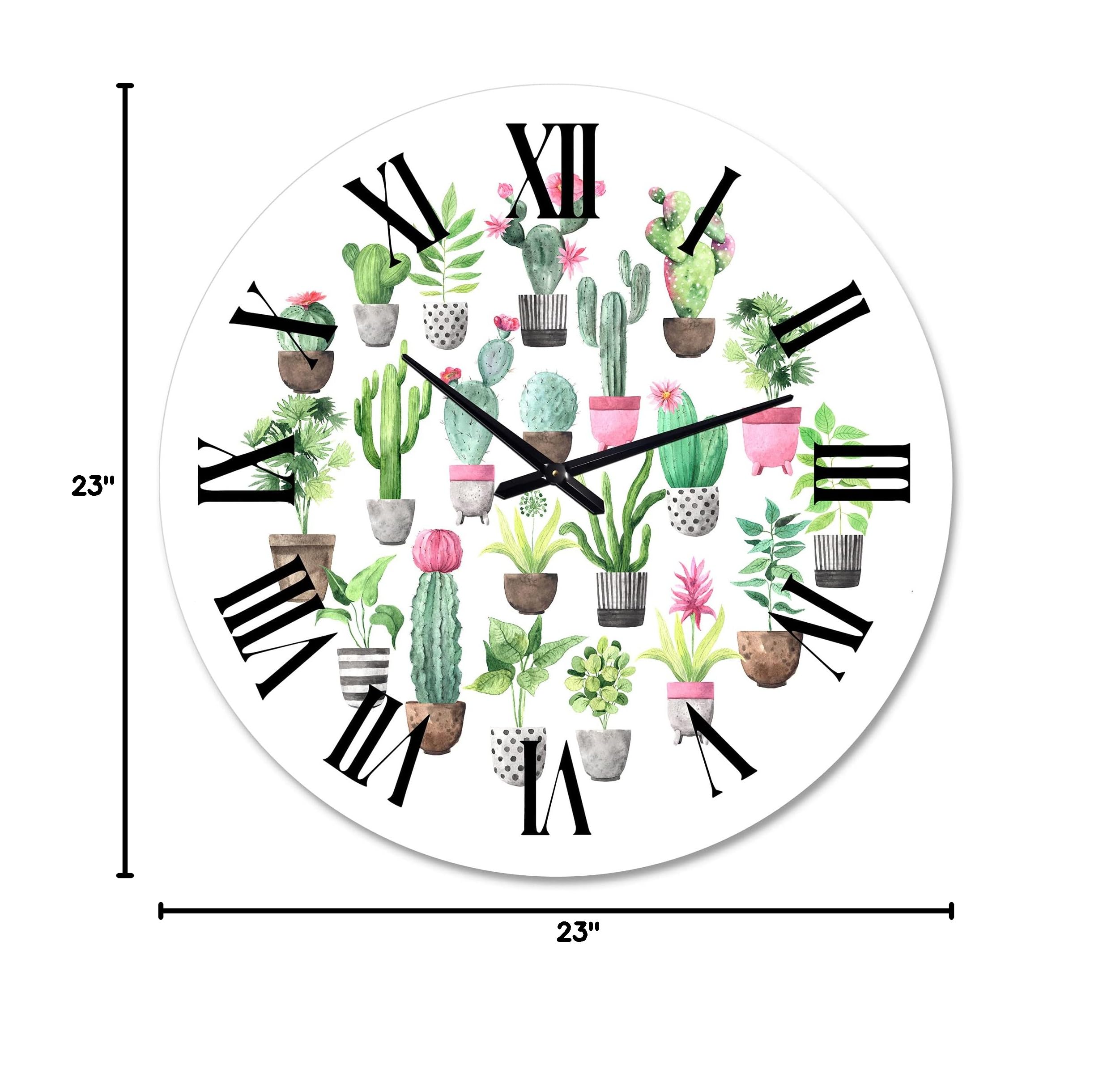 DesignQ Traditional Wall Clock - Cacti in Ceramic Pots in Gentle Tones II - Large Floral Botanical Wall Clock for Kitchen, Living Room, Bedroom & Office Decor | Perfect Home & Office Gift Idea