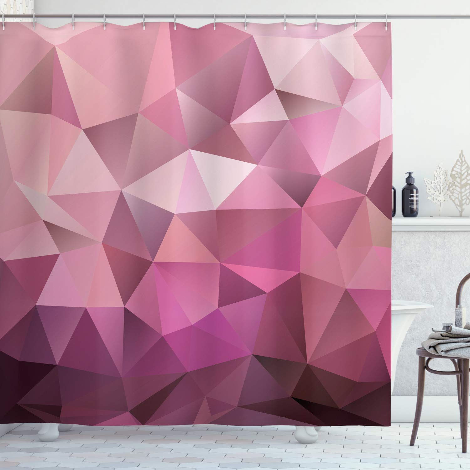Ambesonne Abstract Triangle Geometric Shower Curtain - Modern Monochrome Bathroom Decor with Hooks, 69x84 Inches, Rose Pink - Perfect for Contemporary Bathrooms & Spa-Like Retreats