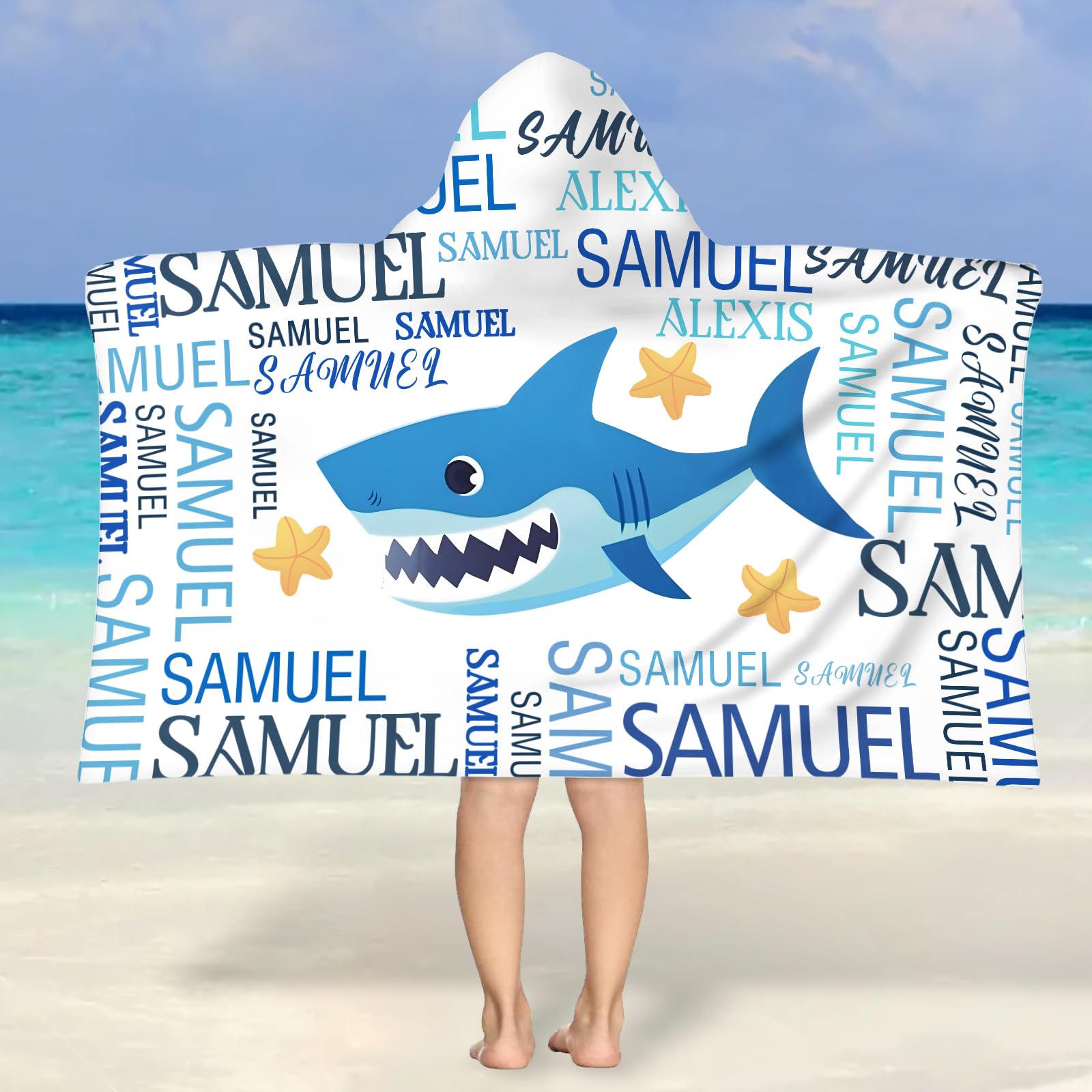 Personalized Kids Hooded Beach Towel with Name - Microfiber Quick Dry Sand Free Pool Towel for Boys & Girls Ages 3-10 | Soft Bath & Swim Towel with Hood (Shark Design) - Perfect for Beach, Pool, Swimming Lessons & Summer Vacations