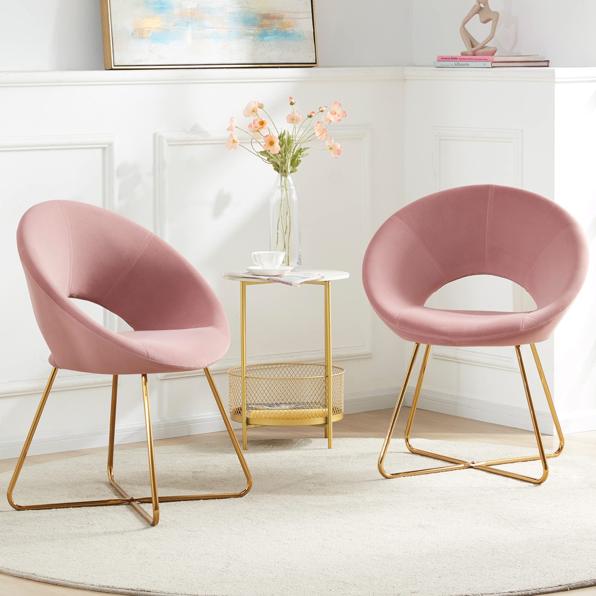 BELLEZE Velvet Accent Chair Set of 2 - Modern Upholstered Makeup Vanity Chair & Comfy Office Desk Chair with Golden Metal Legs, Pink (Ezra) - Perfect for Bedroom, Dressing Room, Home Office & Living Room Decor