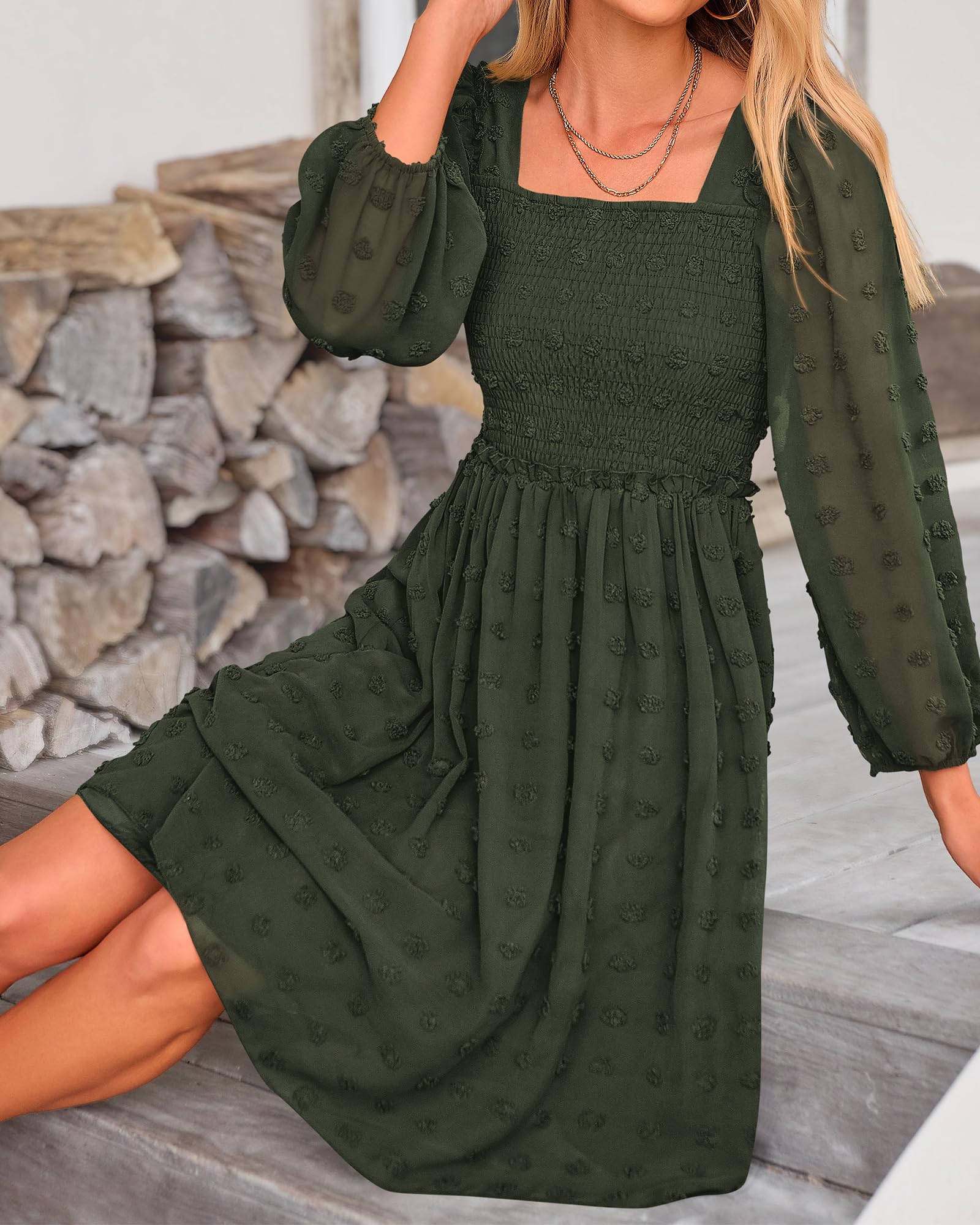 BTFBM Women's Floral Swiss Dot Smocked Mini Dress - Square Neck Long Sleeve Boho Wedding Guest Dress for Spring Summer 2025 | Perfect for Garden Parties, Bridal Showers & Date Nights