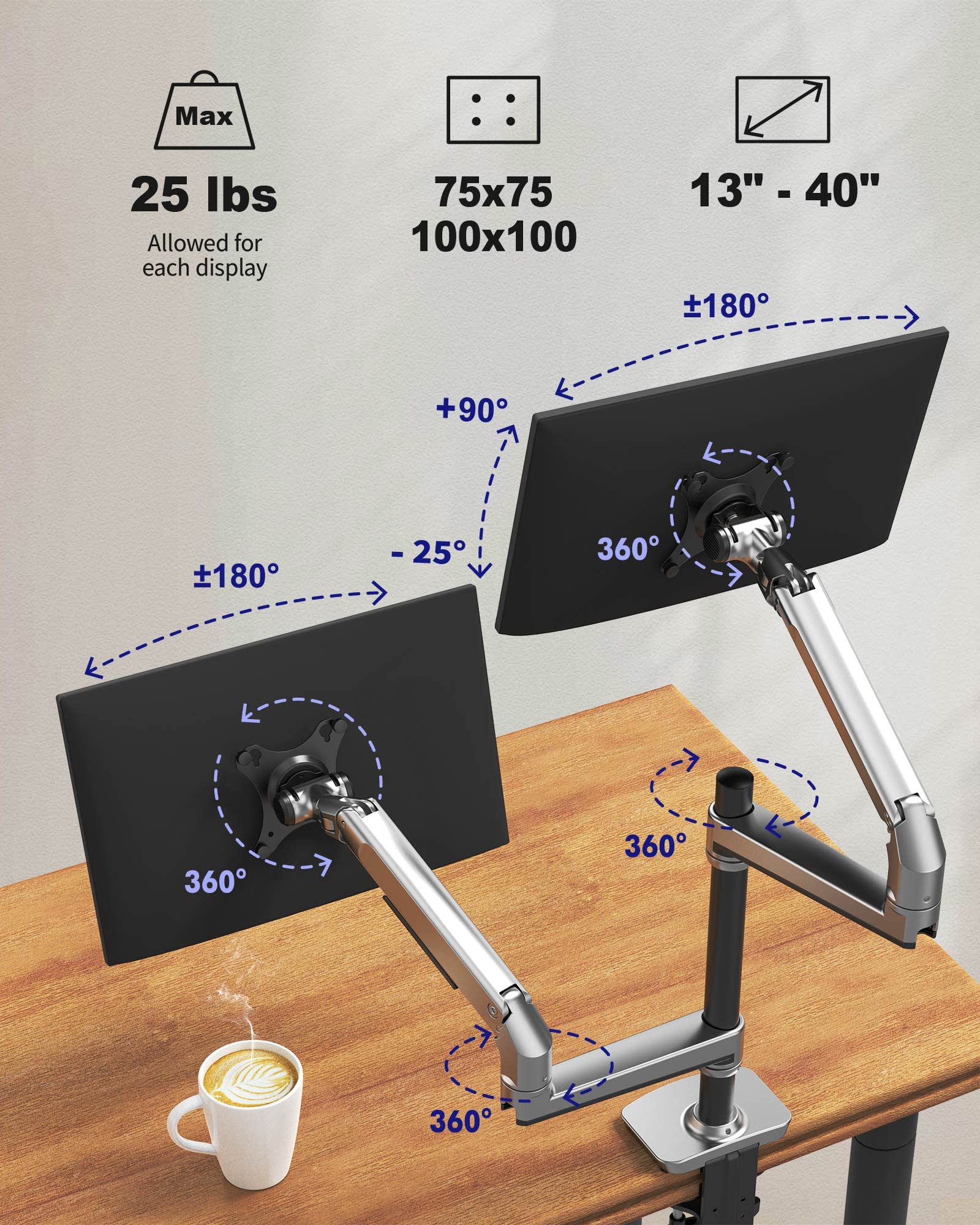 Dual Monitor Stand for 40 Inch Screens - Heavy Duty Adjustable Monitor Arm with C-Clamp & Grommet Base - Aluminum Silver Dual Monitor Mount Holds 25 lbs - Perfect for Home Office, Gaming Setup & Workstation Ergonomics