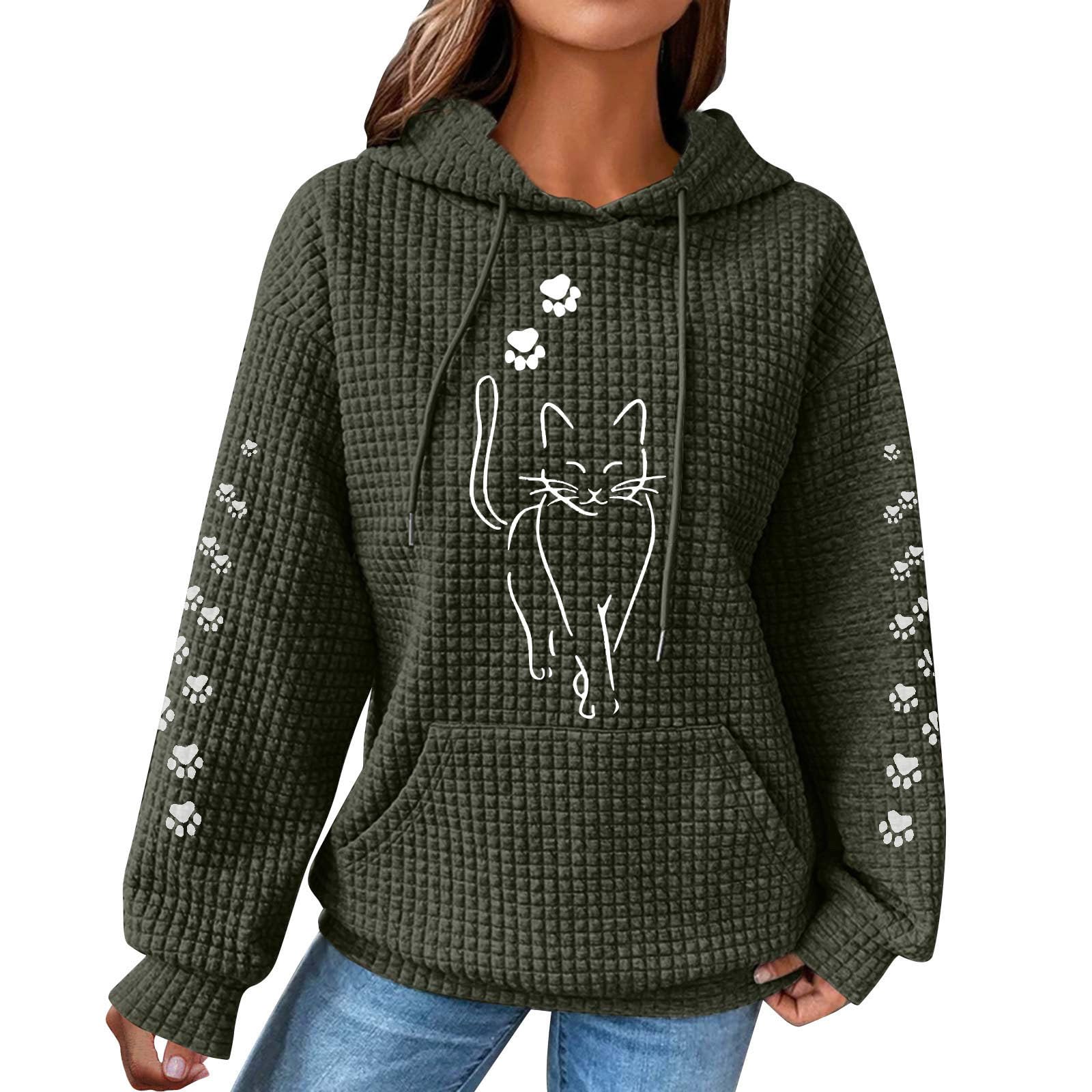 2024 Trendy Waffle Knit Hoodie for Women - Cute Cat Graphic Oversized Pullover with Drawstring Long Sleeve Sweatshirt | Casual Loungewear, Streetwear Fashion & Winter Layering Essential