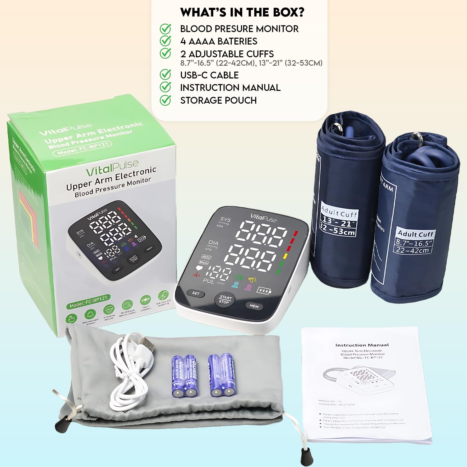 Digital Blood Pressure Monitor with 2 Cuff Sizes (8.7”-16.5” & 13”-21”) - Automatic Upper Arm BP Machine with Large LED Display & 240 Memory Storage - Perfect for Home Use, Health Tracking & Doctor Visits
