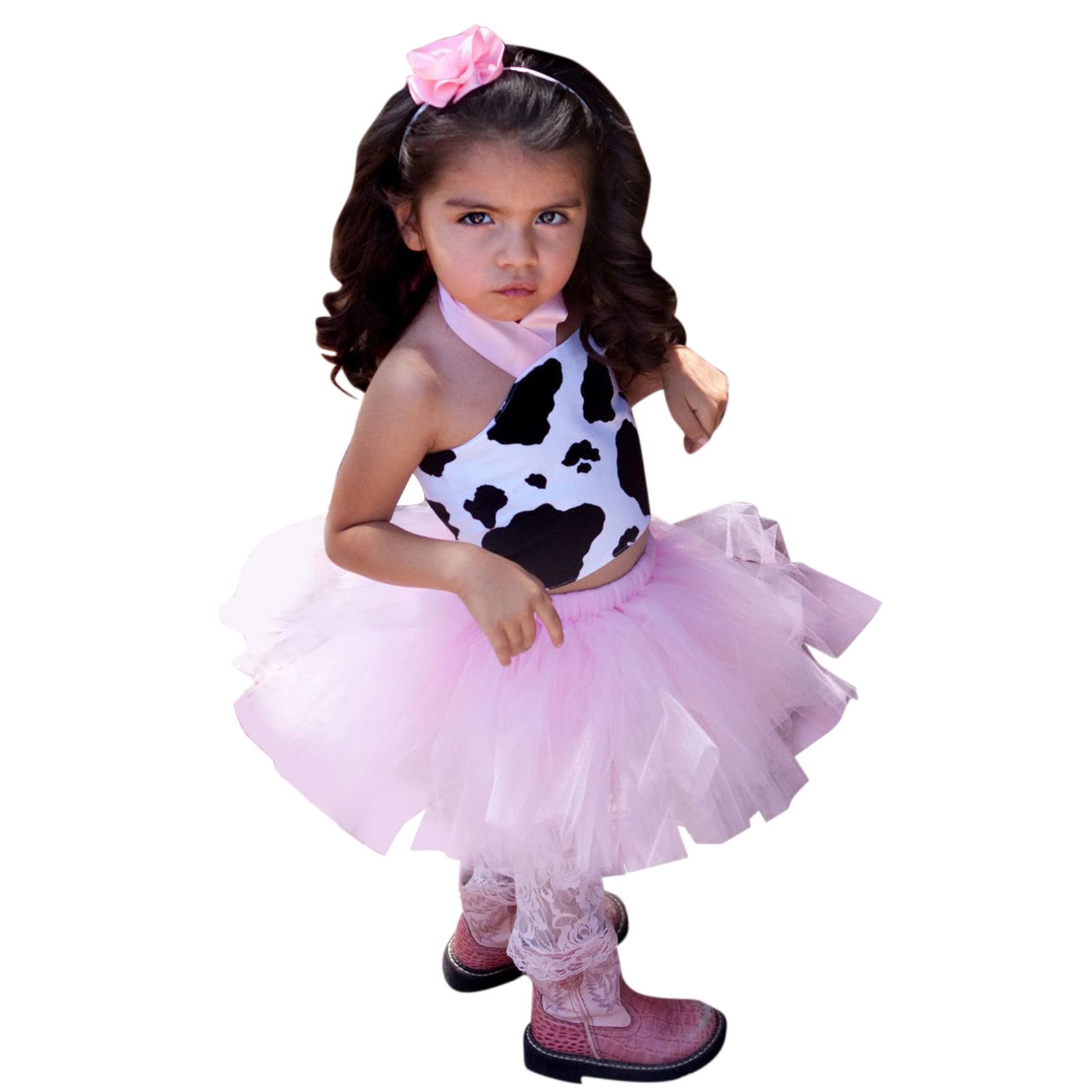 **Baby Girls Cow Print Short Sleeve Top & Soft Fluffy Tutu Skirt Set | Toddler Summer Outfit | Playdate & Birthday Party Clothes**