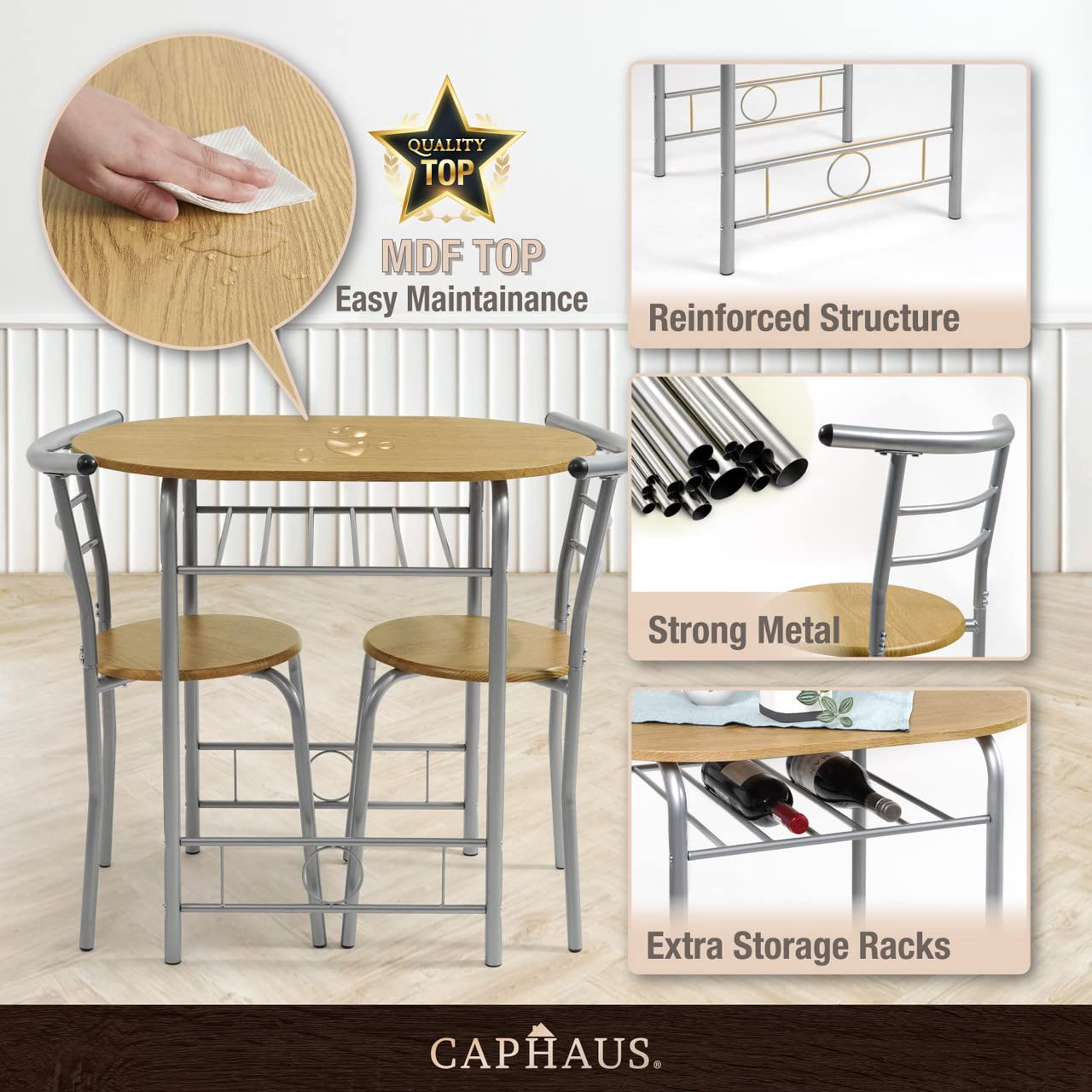 CAPHAUS 3-Piece Dining Set for 2 - Small Kitchen & Patio Table with Steel Frame & Wine Rack - Natural Oak Round Dining Table Set - Perfect for Outdoor Dining, Small Spaces & Apartment Living