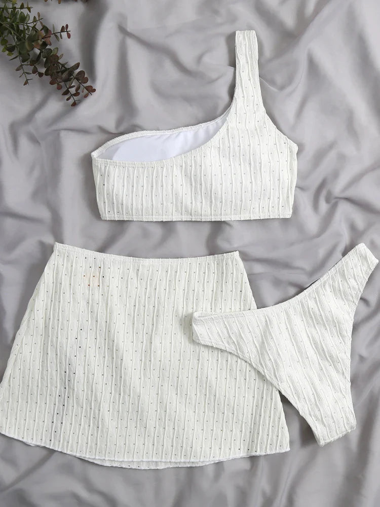 2023 New Women's 3-Piece Swimsuit Set - Sexy One Shoulder Micro Bikini with Thong & Skirt - White Beachwear Bathing Suit for Summer Vacation, Pool Party & Tropical Getaway