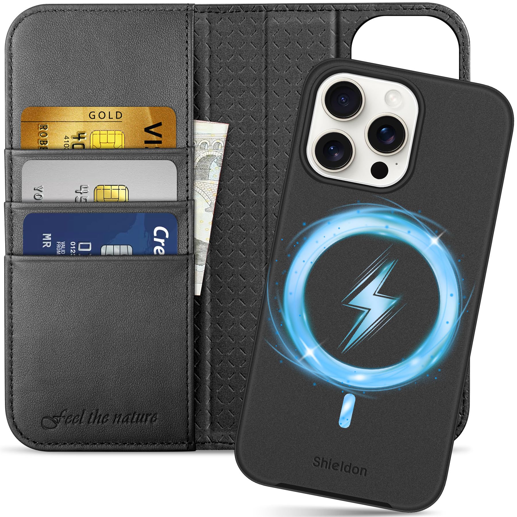 Premium SHIELDON Genuine Leather iPhone 15 Pro Max Case - 2-in-1 Detachable Wallet with Wireless Charging, Kickstand & RFID Blocking Card Holder | Magnetic Protective Cover for iPhone 15 ProMax (Black) | Perfect for Business Travel & Everyday Use