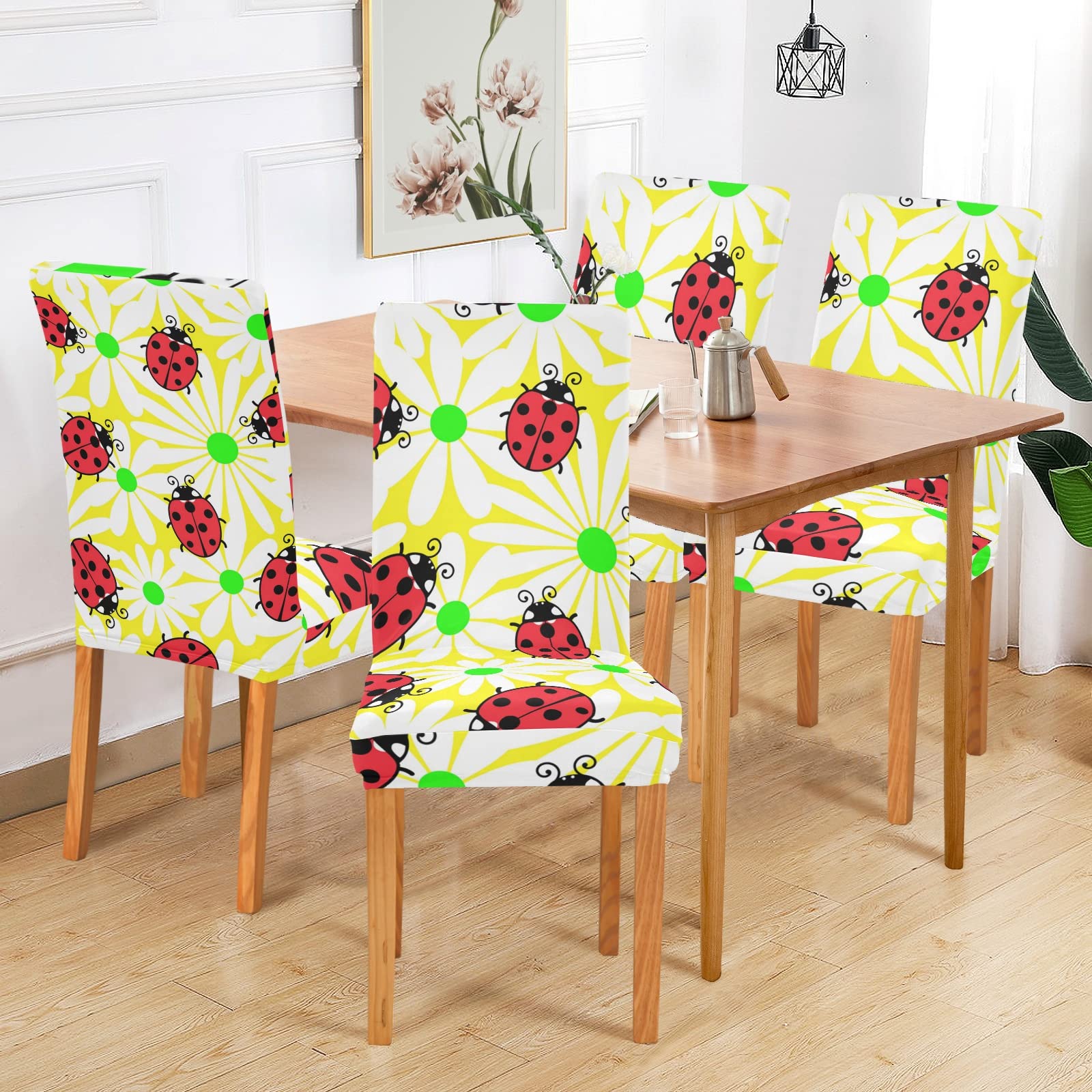 Ladybug Floral Dining Chair Covers Set of 2 - Washable & Stretchable Slipcovers for Dining Chairs - Perfect for Home, Hotel, Wedding & Office Decor