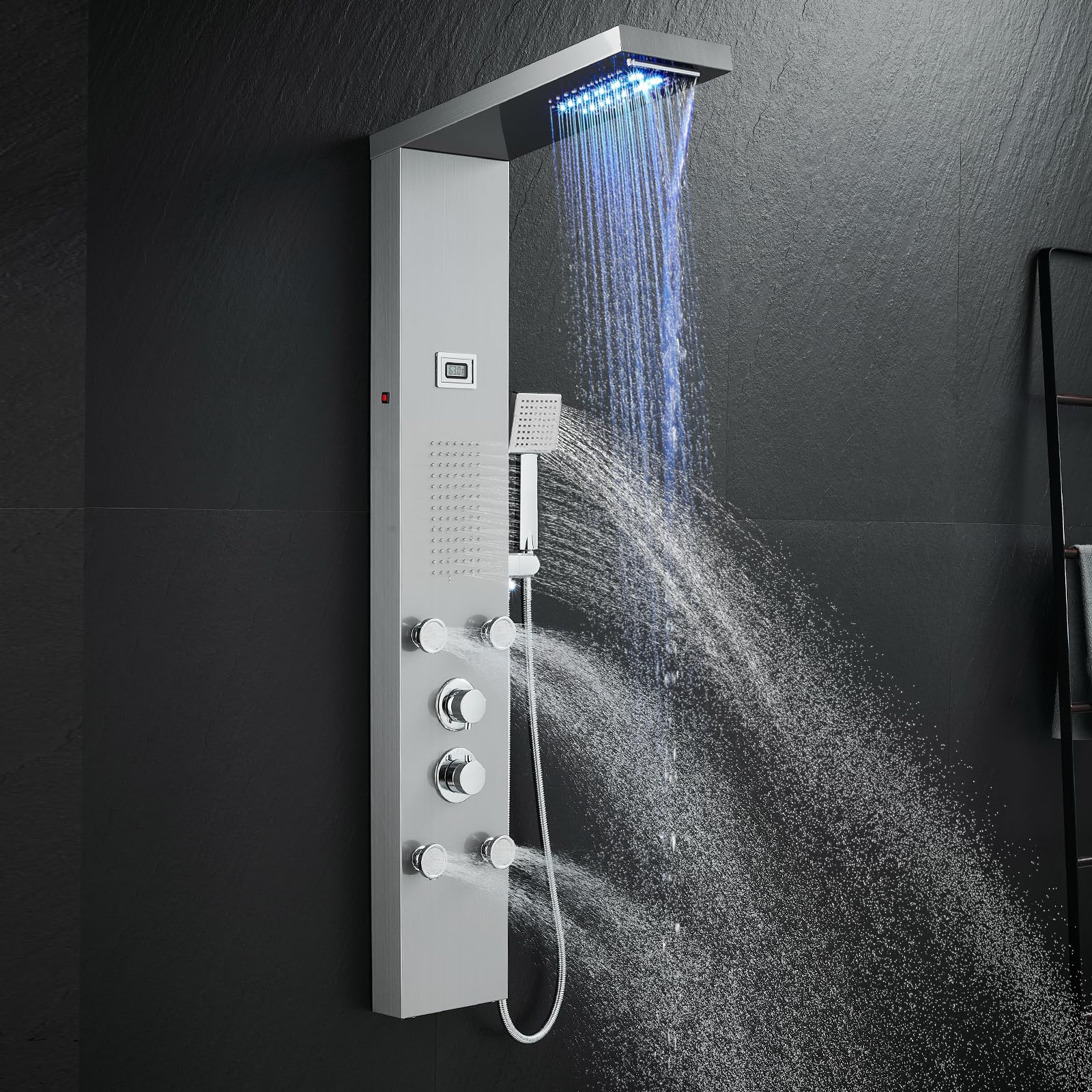 Stainless Steel Shower Panel Tower System with LED Lights - Rainfall & Waterfall Shower, 5 Body Jets, Handheld Sprayer & Temperature Display - Brushed Finish for Modern Bathroom Luxury Spa Experience