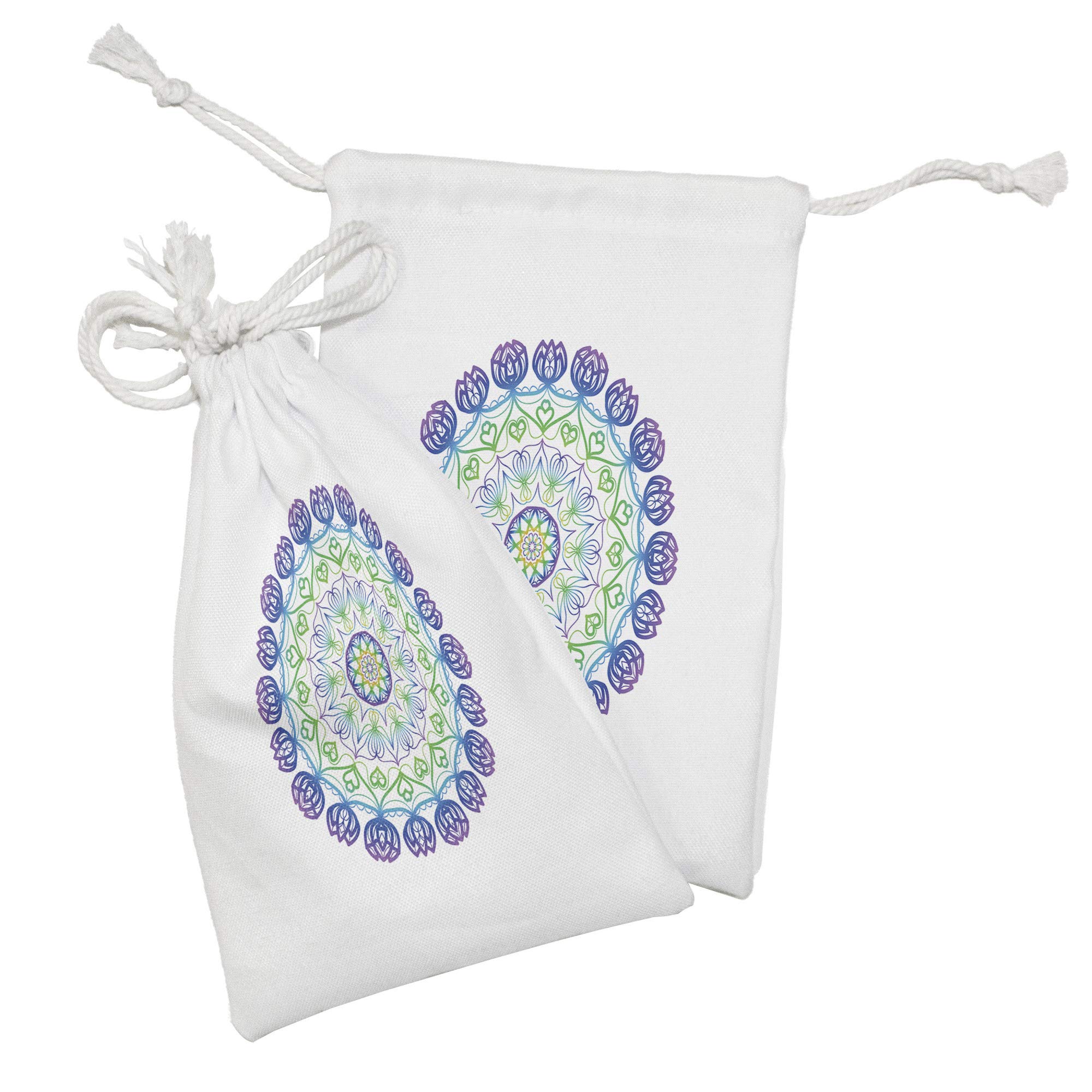 Ambesonne Rainbow Mandala Fabric Pouch Set of 2 - Boho Rosette Pattern Drawstring Bags with Hearts & Stars (9