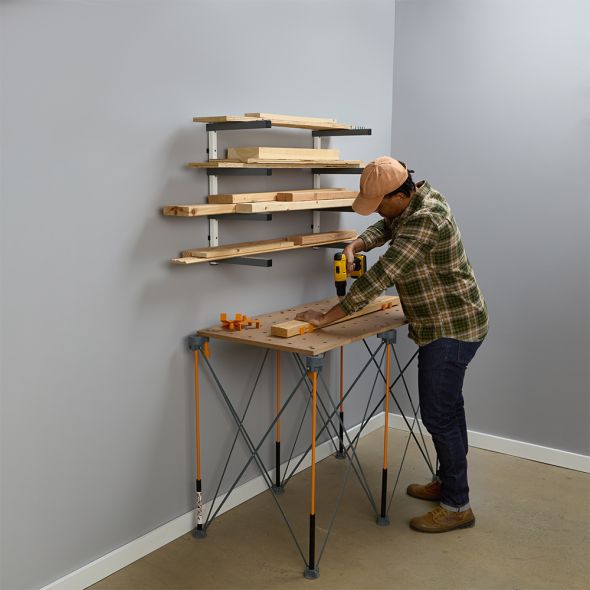 4-Tier Heavy Duty Lumber Storage Rack - White & Gray Wood Organizer for Garage, Workshop, and Home Storage - Perfect for DIY Projects and Woodworking Supplies