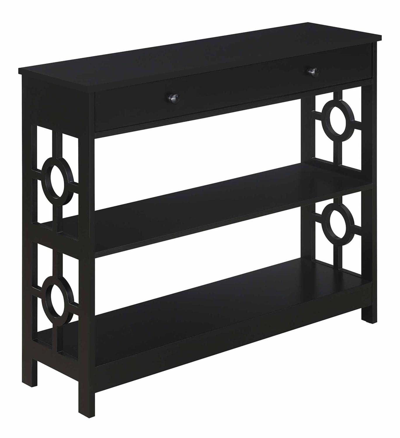 Convenience Concepts Ring 1 Drawer Console Table with Shelves - Black Entryway Sofa Table for Hallway, Living Room & Bedroom Organization