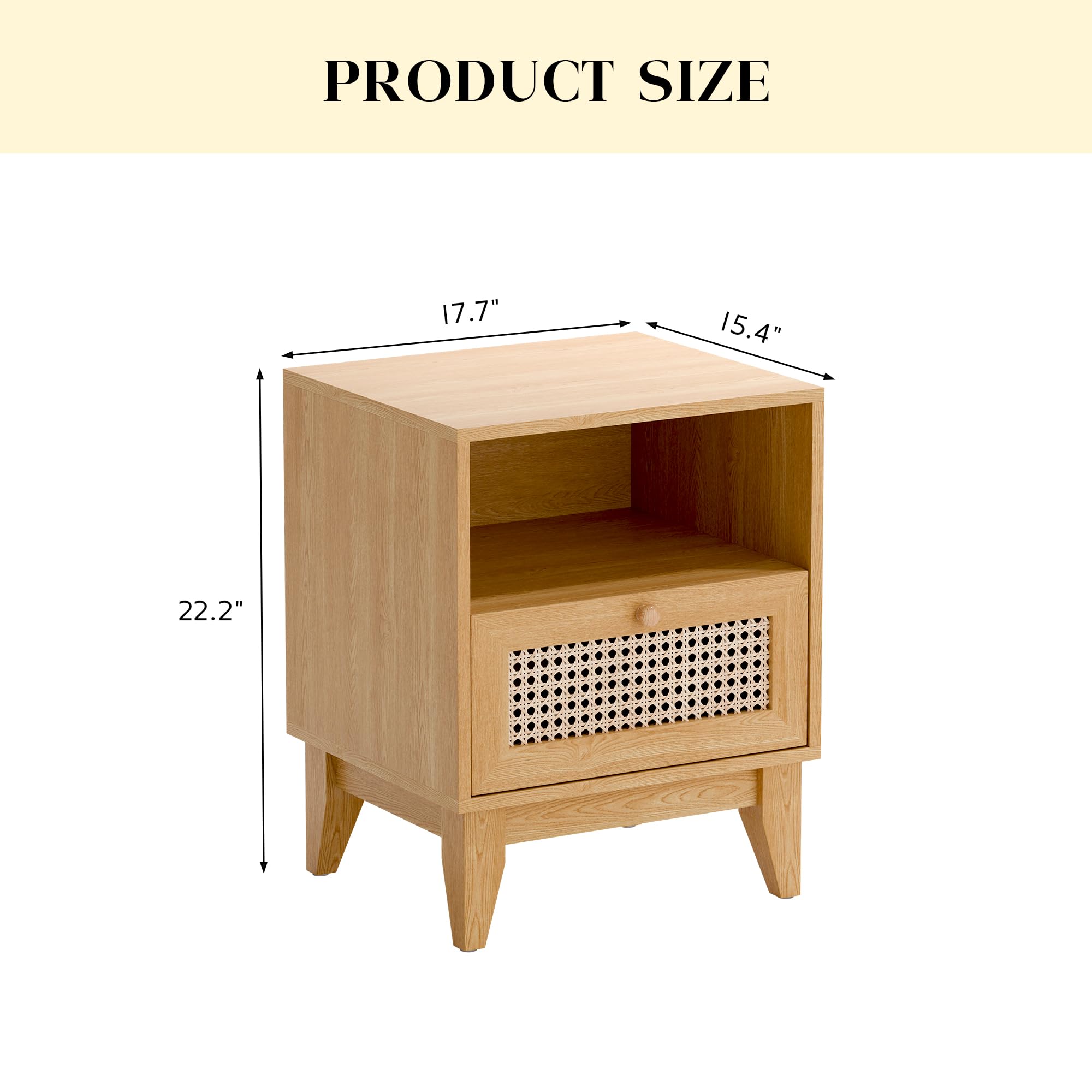 Rattan Nightstand Set of 2 - Boho Bedside Tables with Open Shelf & Drawers for Bedroom Decor - Perfect for Small Spaces, Guest Rooms, and Modern Farmhouse Style