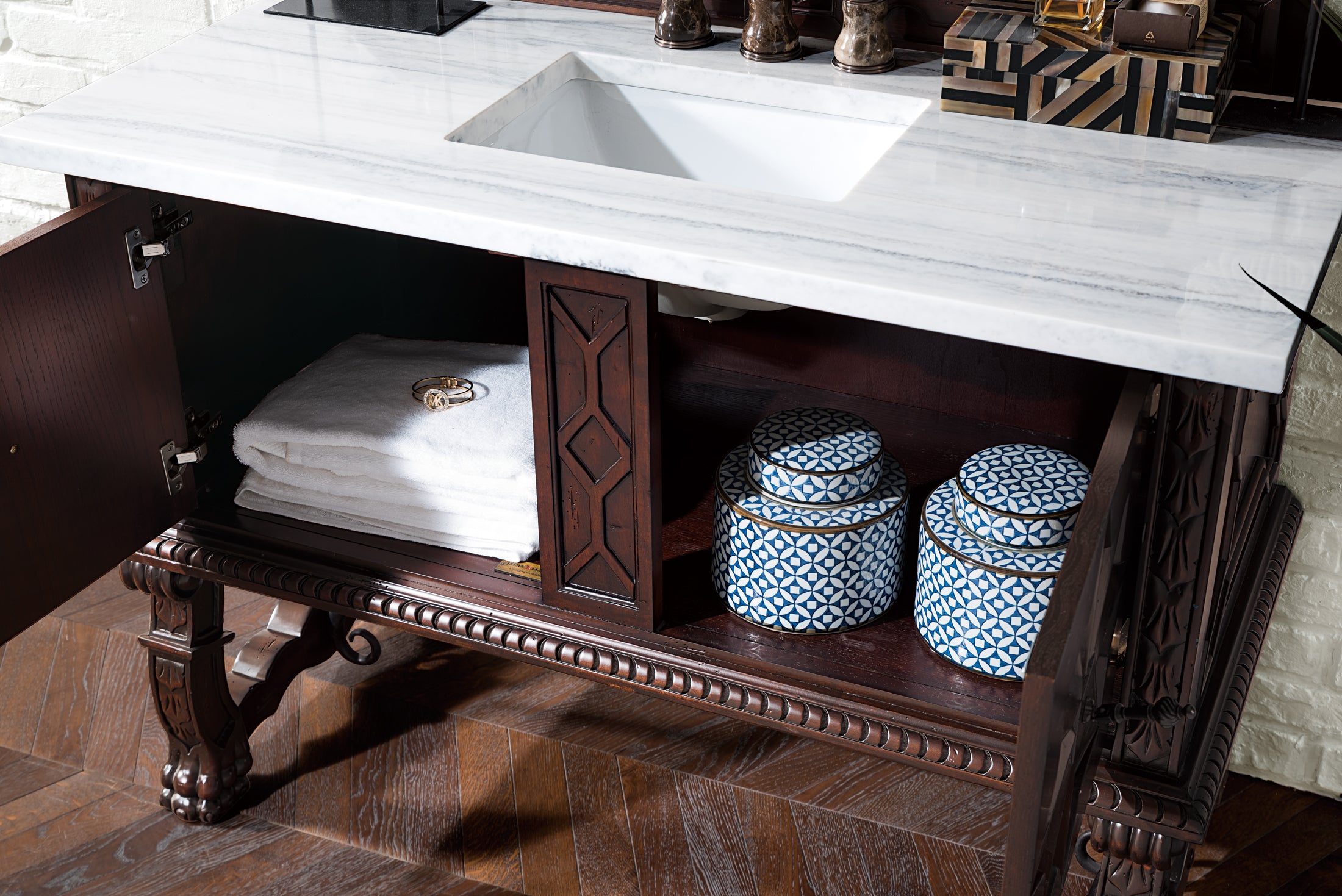 Balmoral 48 Inch Antique Walnut Bathroom Vanity with 3CM Arctic Fall Solid Surface Top - Perfect for Modern Farmhouse & Traditional Bathroom Designs