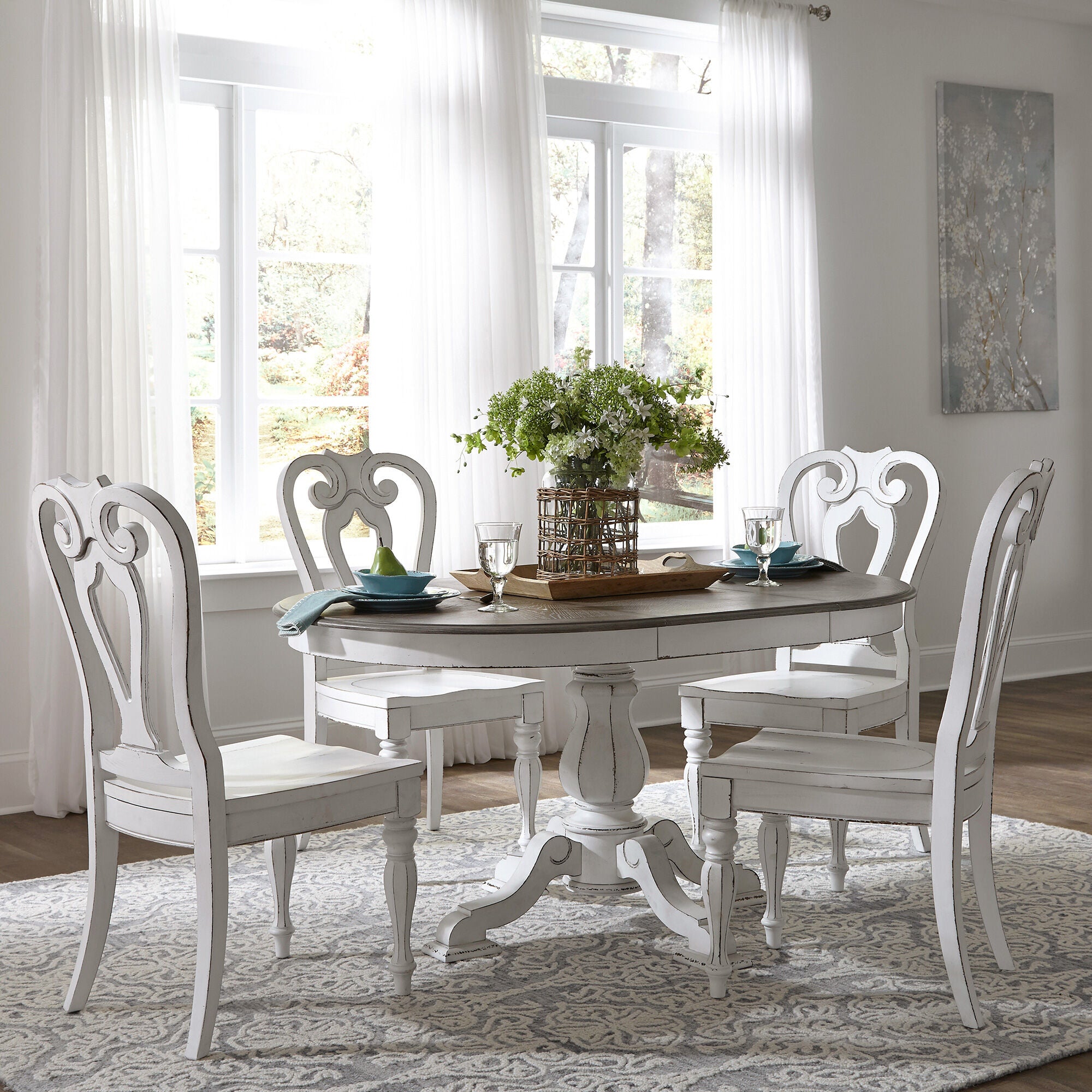 Magnolia Manor 5-Piece Splat Pedestal Dining Set - Elegant Round Table with 4 Chairs for Kitchen, Breakfast Nook & Small Space Dining