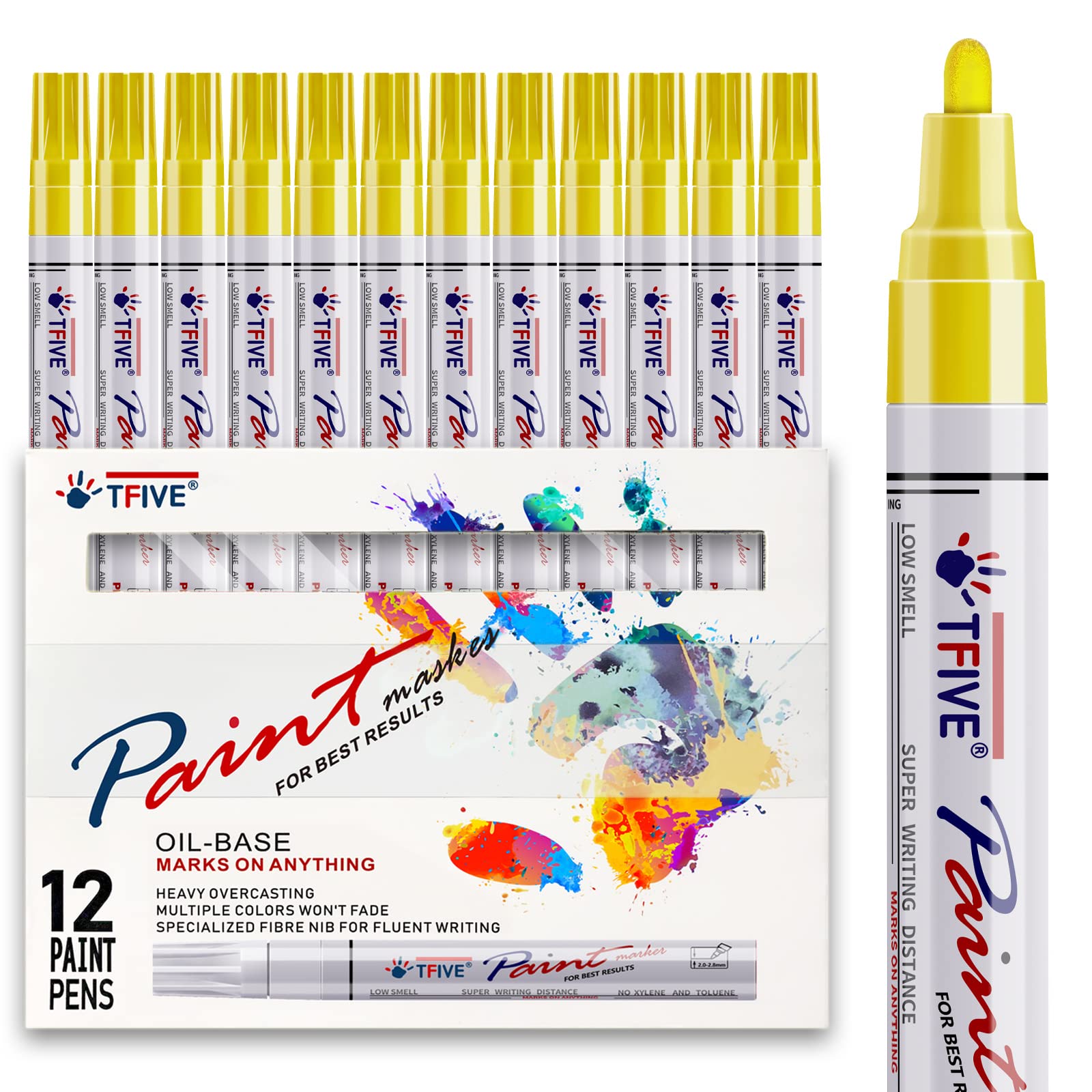 TFIVE Oil-Based Permanent Paint Markers - 12 Pack Yellow Medium Tip Quick-Dry Waterproof Markers for Rocks, Wood, Fabric, Plastic, Canvas, Glass & Metal | Ideal for DIY Crafts, Home Decor, Signage & Artistic Projects
