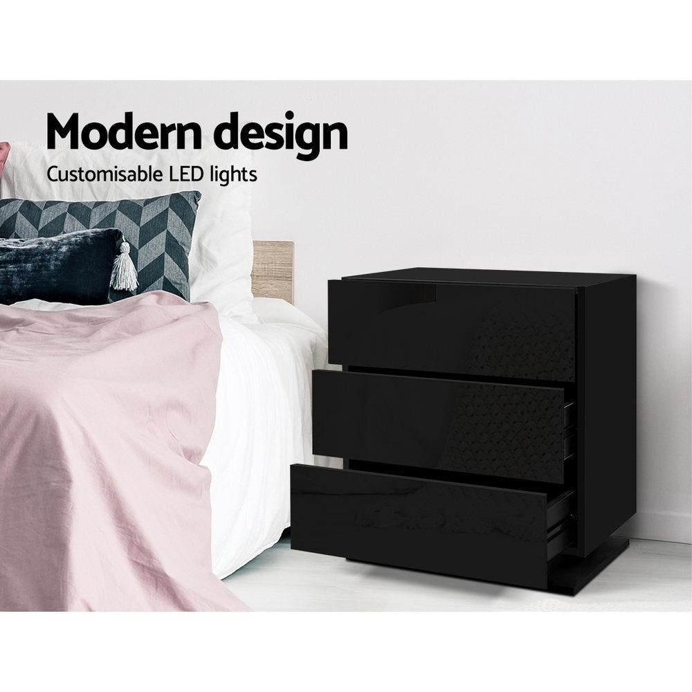 Modern RGB LED Nightstand with 3 Drawers - Gloss Black Bedside Table for Bedroom, Gaming Room & Dorm | Touch Control, USB Charging & Storage Space