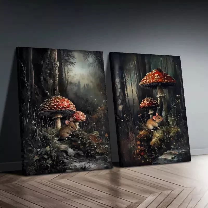2-Piece Enchanted Forest Mural Wall Art Set - 50x75cm Framed Canvas Prints with Mushrooms & Floral Rat Design | High Quality Australian Made Home Decor | Perfect for Living Room, Bedroom & Nursery Decorations