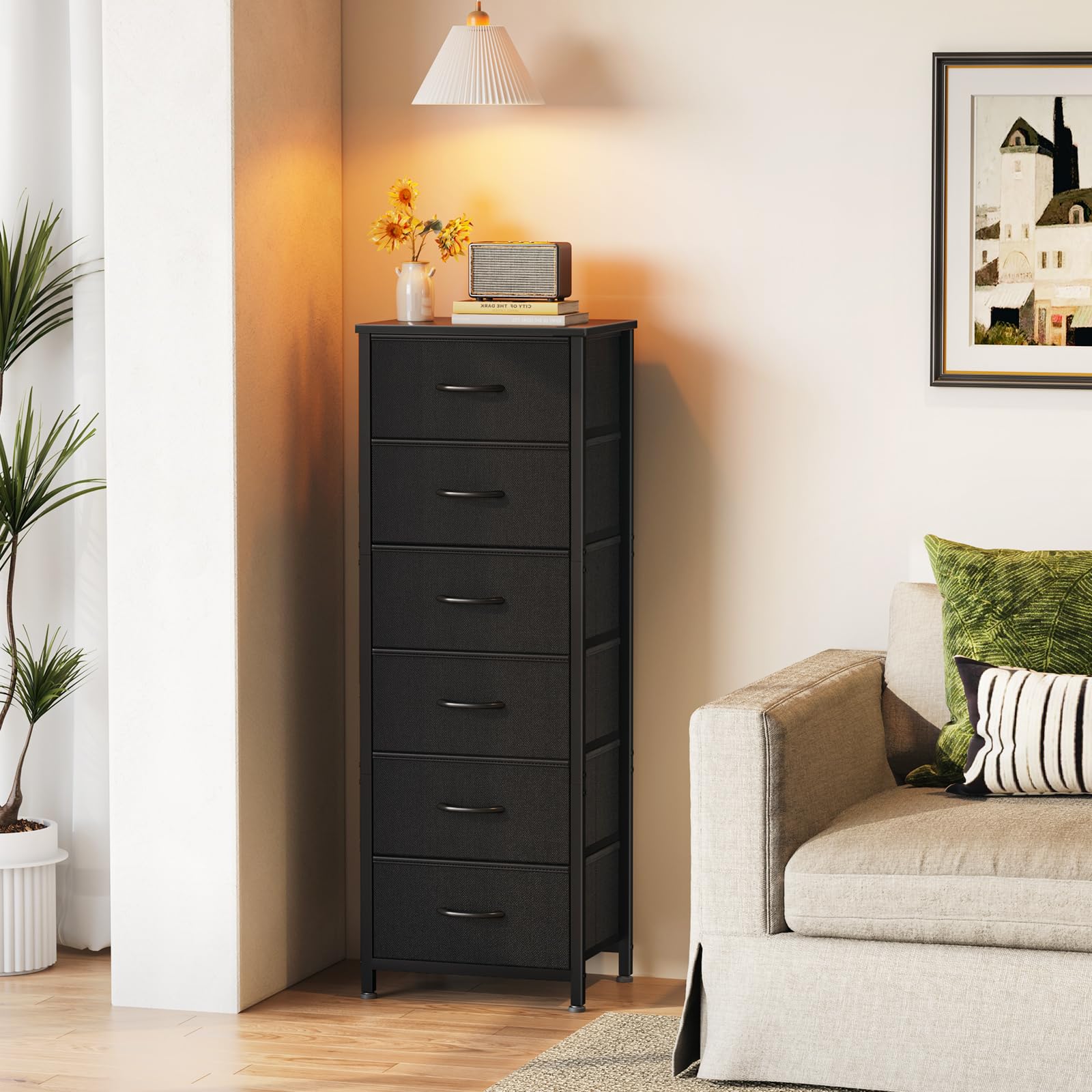 AODK 6-Drawer Tall Dresser for Bedroom - Fabric Storage Organizer with Wood Top & Steel Frame - Black Chest of Drawers for Closet, Living Room, Entryway, Hallway | Perfect for Small Space Organization & Home Decor