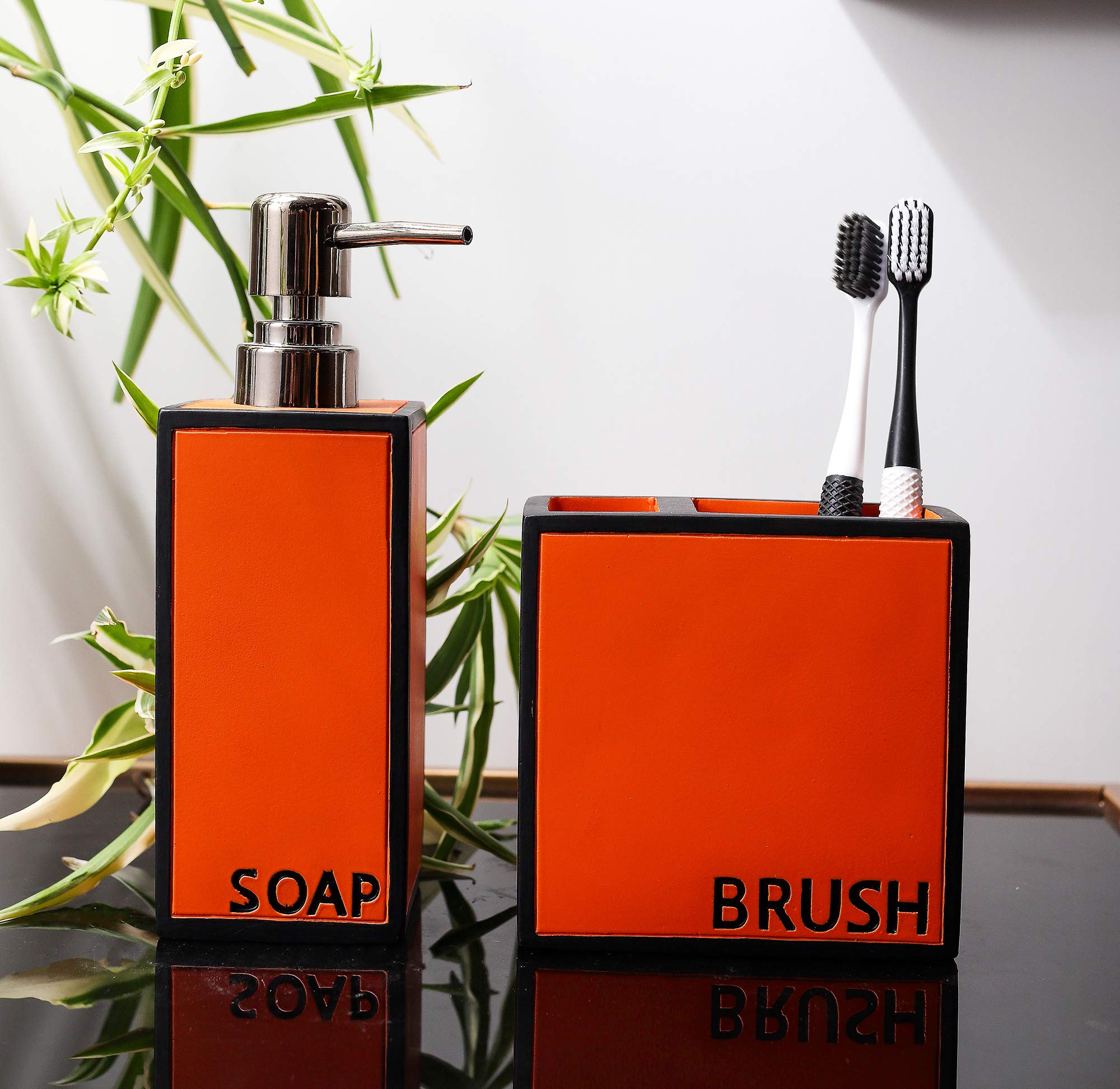 Hymmah 4-Piece Farmhouse Bathroom Accessories Set - Toothbrush Holder, Soap Dispenser, Soap Dish & Tumbler - Rustic Orange Resin Bath Decor for Apartment, Housewarming Gift - Perfect for Bathroom Organization and Farmhouse Style Decor