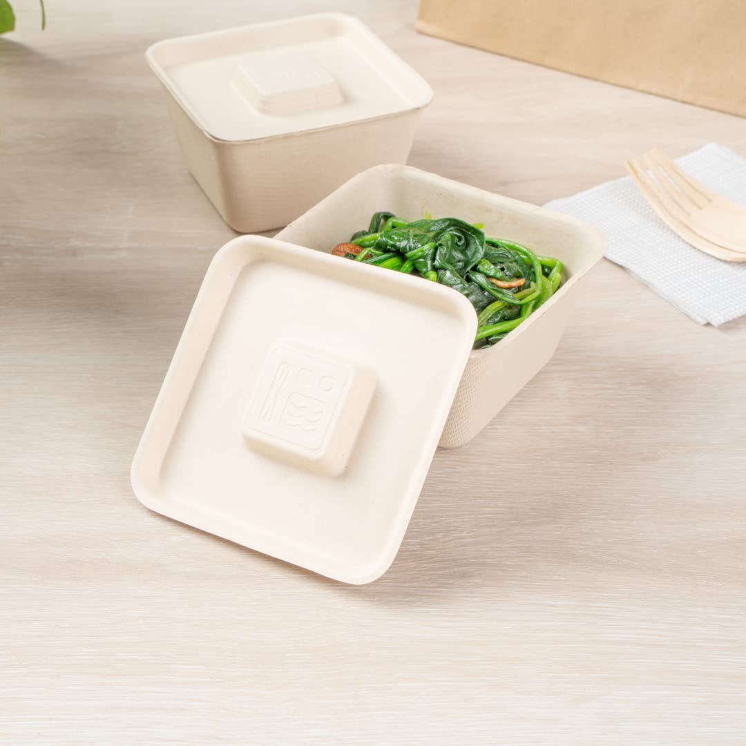 Eco-Friendly 9-OZ Bagasse Bowl Lids - 100 Count Square Disposable Pulp Tek Lids for Sugarcane Fiber Bowls | Biodegradable & Compostable | Perfect for Restaurants, Catering & Takeout Meals