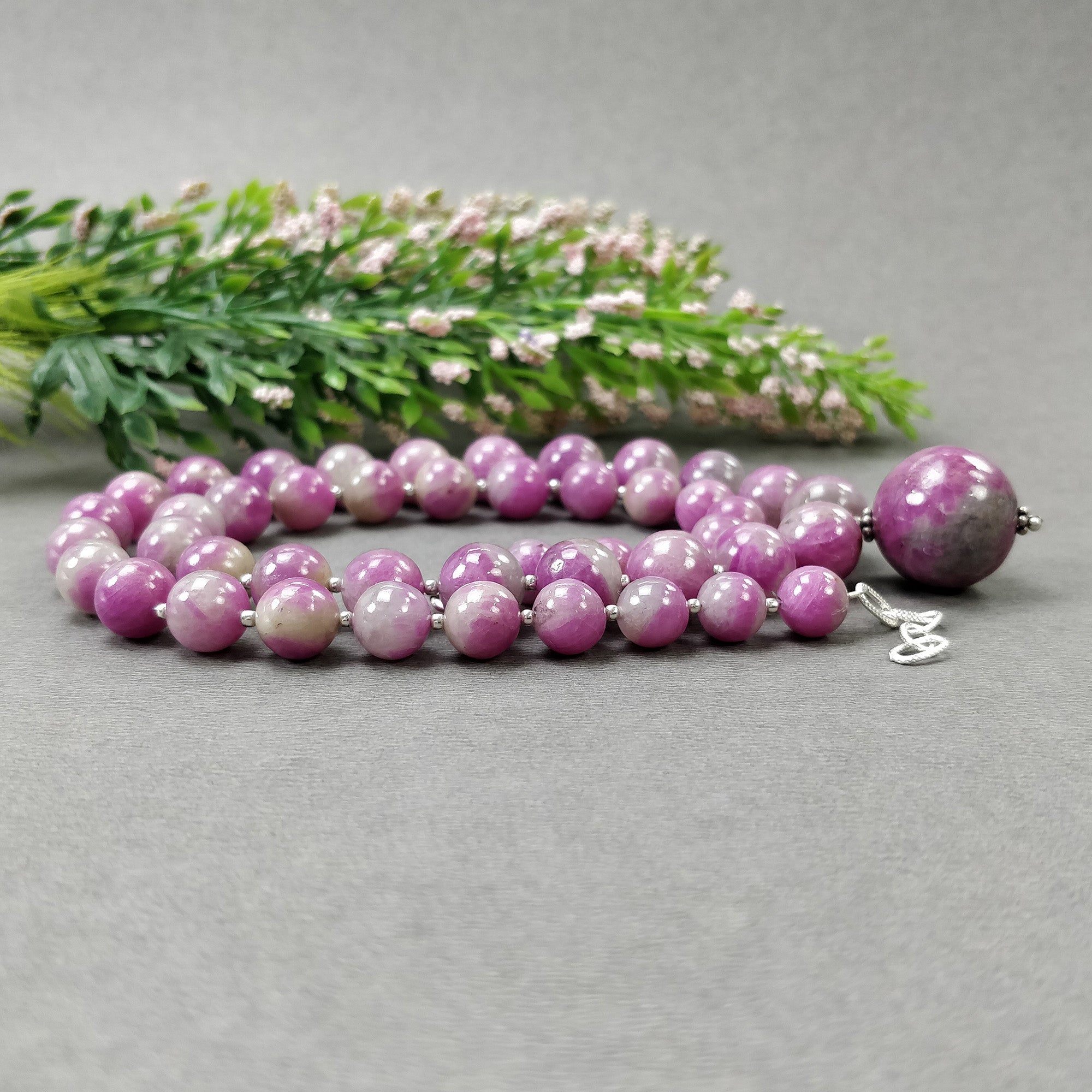 Natural Untreated Bi-Color Zoisite Ruby Gemstone Necklace - 341.95cts with 925 Sterling Silver (7.5mm, 17mm, 19mm) | Elegant Jewelry for Women, Perfect for Weddings, Parties & Special Occasions