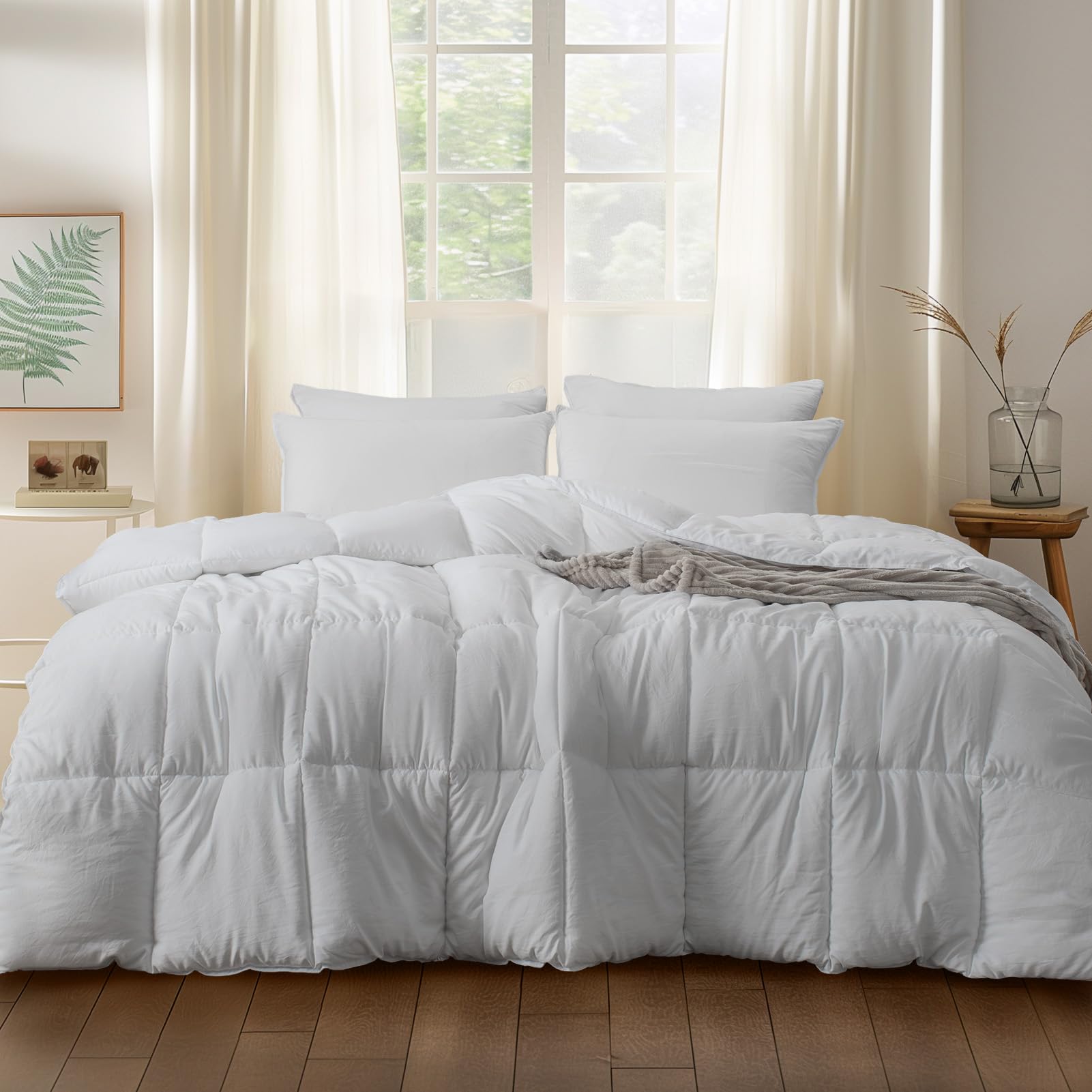 Premium King Size Comforter Set with 2 Pillow Shams | Hypoallergenic Down Alternative Duvet Insert with Corner Ties | Reversible Lightweight & Ultra Soft Bedding | Machine Washable All-Season Comforter (White) - Perfect for Master Bedroom, Guest Room & Cozy Home Decor