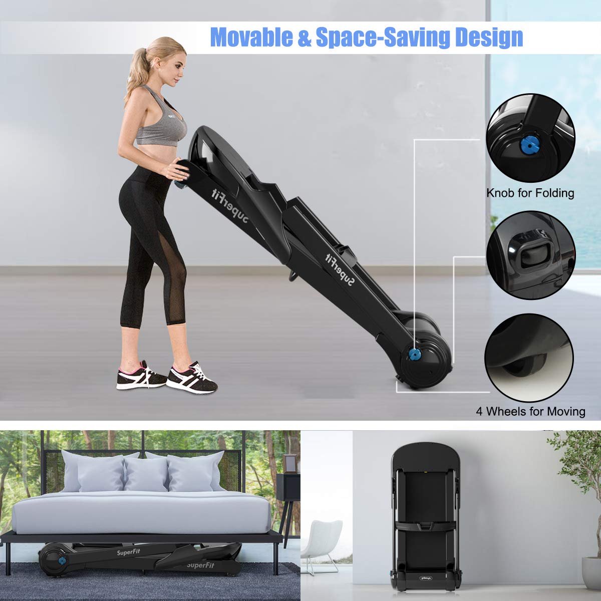 Goplus Folding Treadmill - Electric Portable Running Machine with Bluetooth Speaker, APP Control, 16.5
