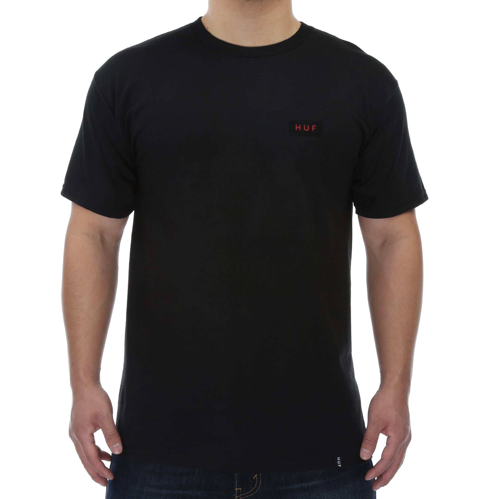 Huf Bar Logo Flock T-Shirt for Men & Women - Soft Cotton Streetwear Tee - Black - Perfect for Skateboarding, Casual Wear & Street Style